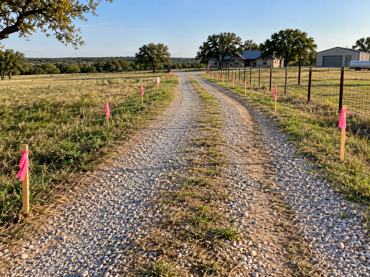 Survey markers showing a driveway easement corridor on Oklahoma acreage The visual flow would be: