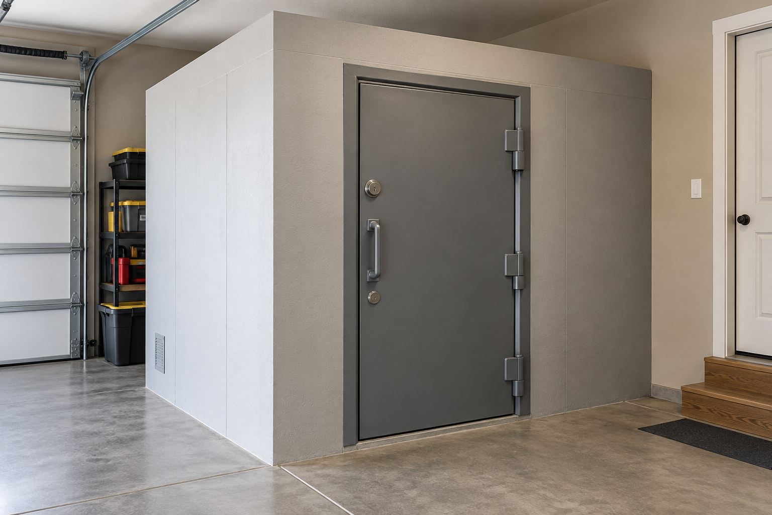 Above-ground tornado safe room installed inside a residential garage