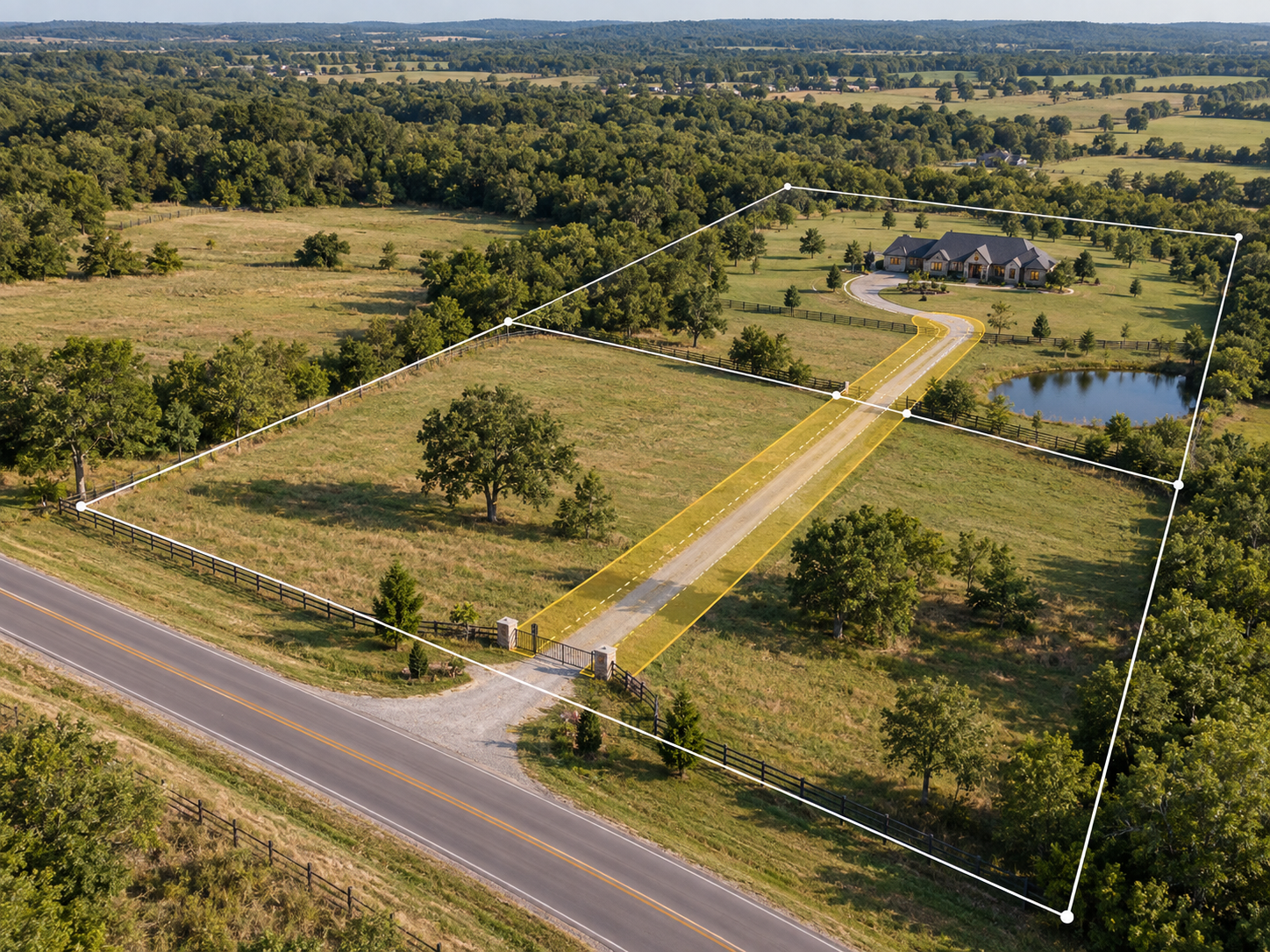 Aerial illustration of a rural Oklahoma driveway crossing neighboring land within a recorded access easement