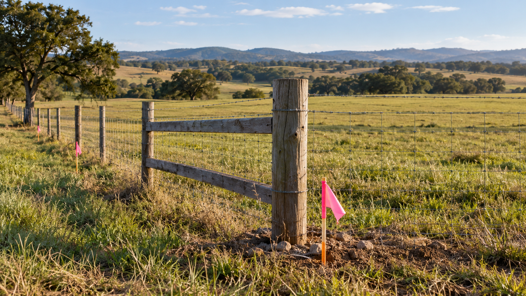 Survey markers beside an existing fence showing an Oklahoma property boundary