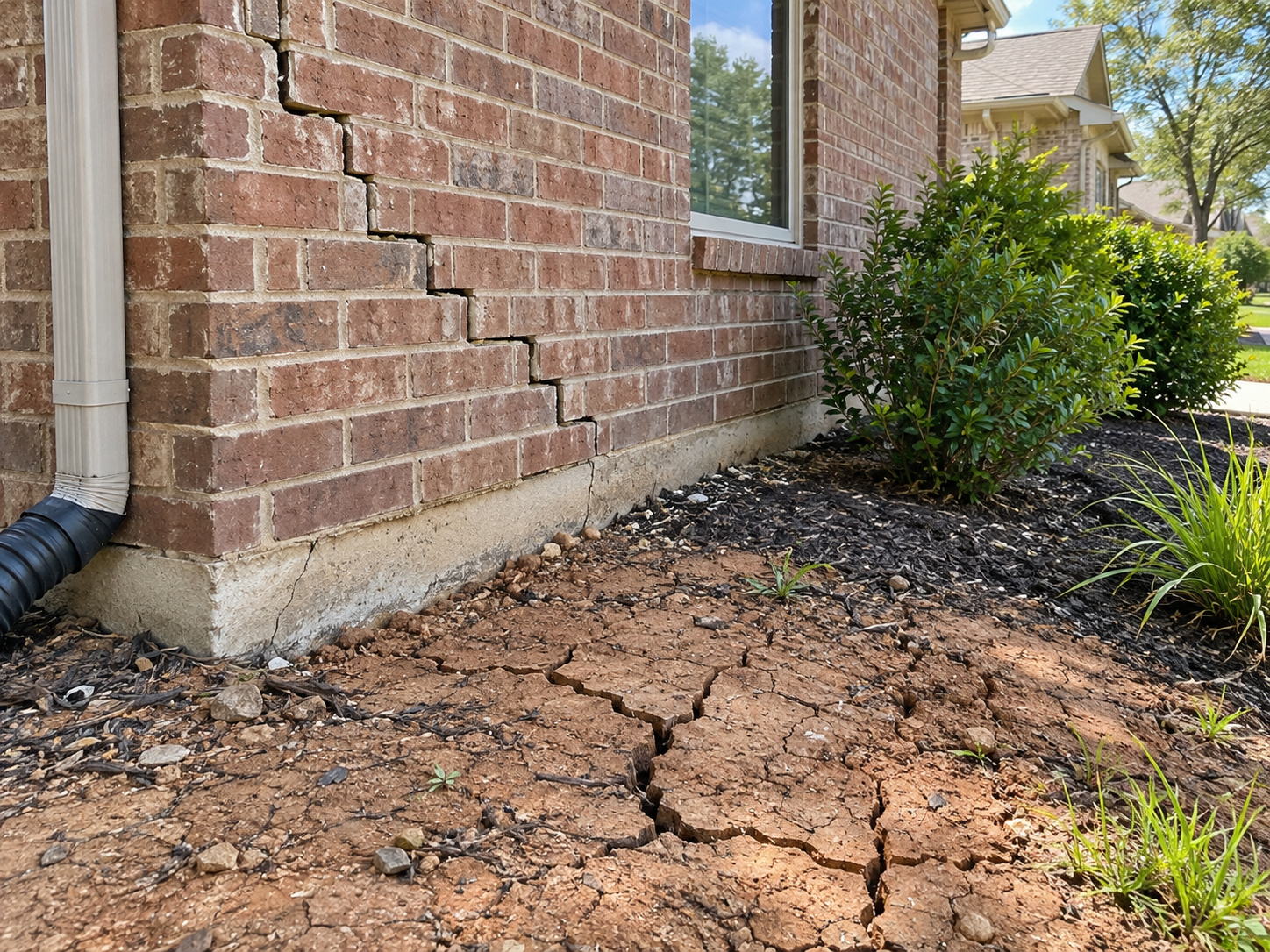 Cracked brick and dry expansive clay soil beside a Tulsa Oklahoma home foundation