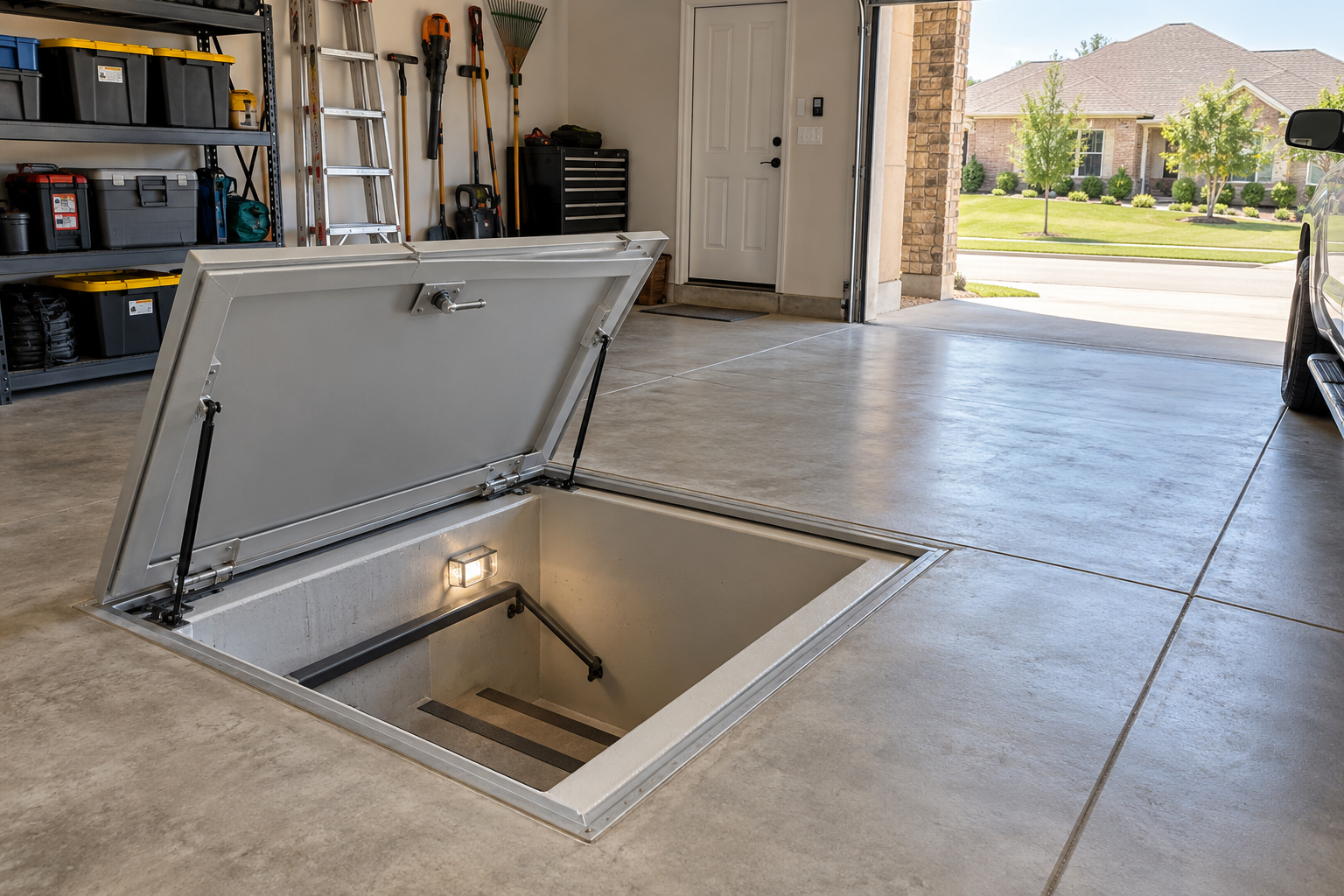 In-ground storm shelter installed in the garage floor of an Oklahoma home