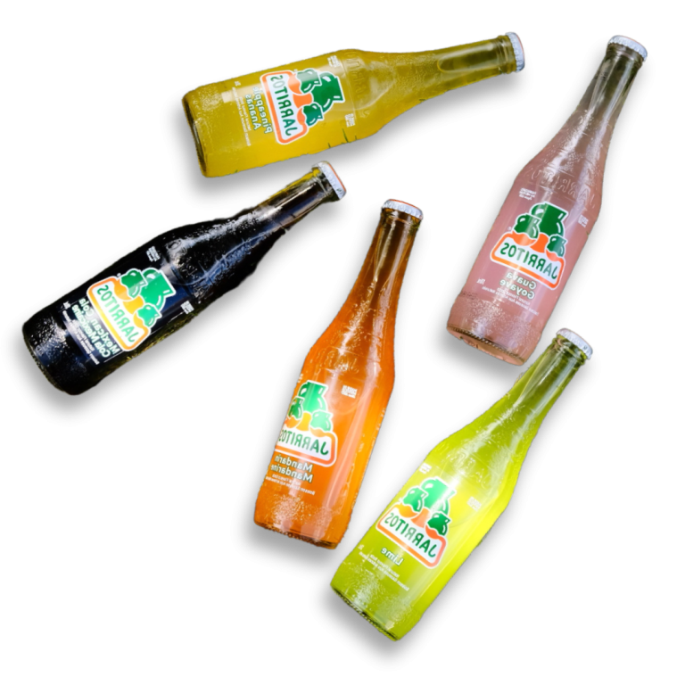 Five glass bottles of flavored soft drinks against a black background, each with condensation and a colorful label.