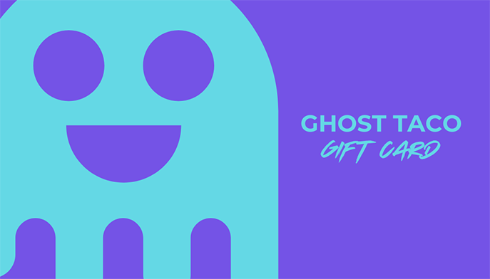A gift card featuring a blue cartoon ghost with purple eyes and mouth, alongside the text 'Ghost Taco Gift Card' in blue and purple.