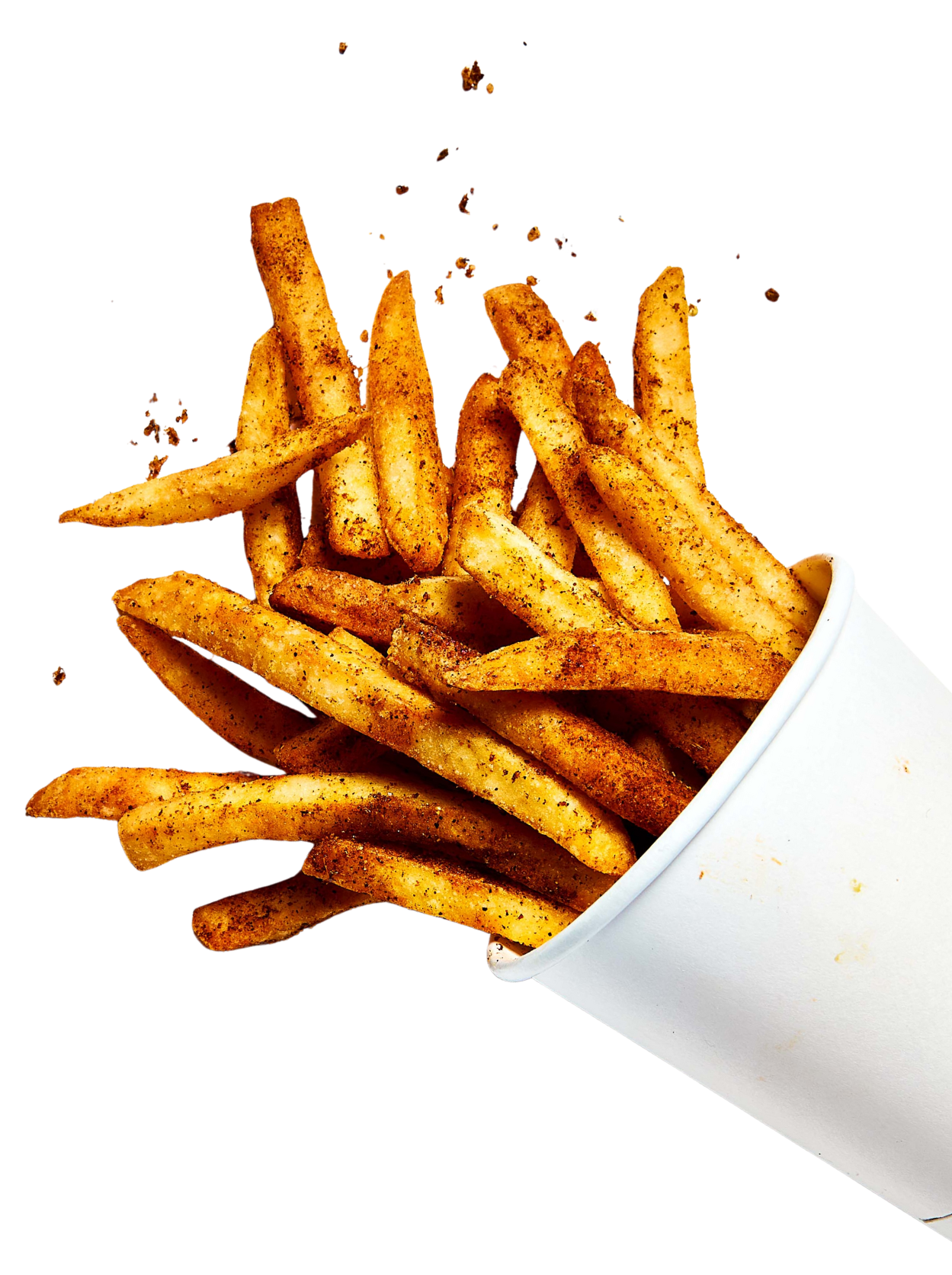 French fries topped with seasoning in a white paper cup.