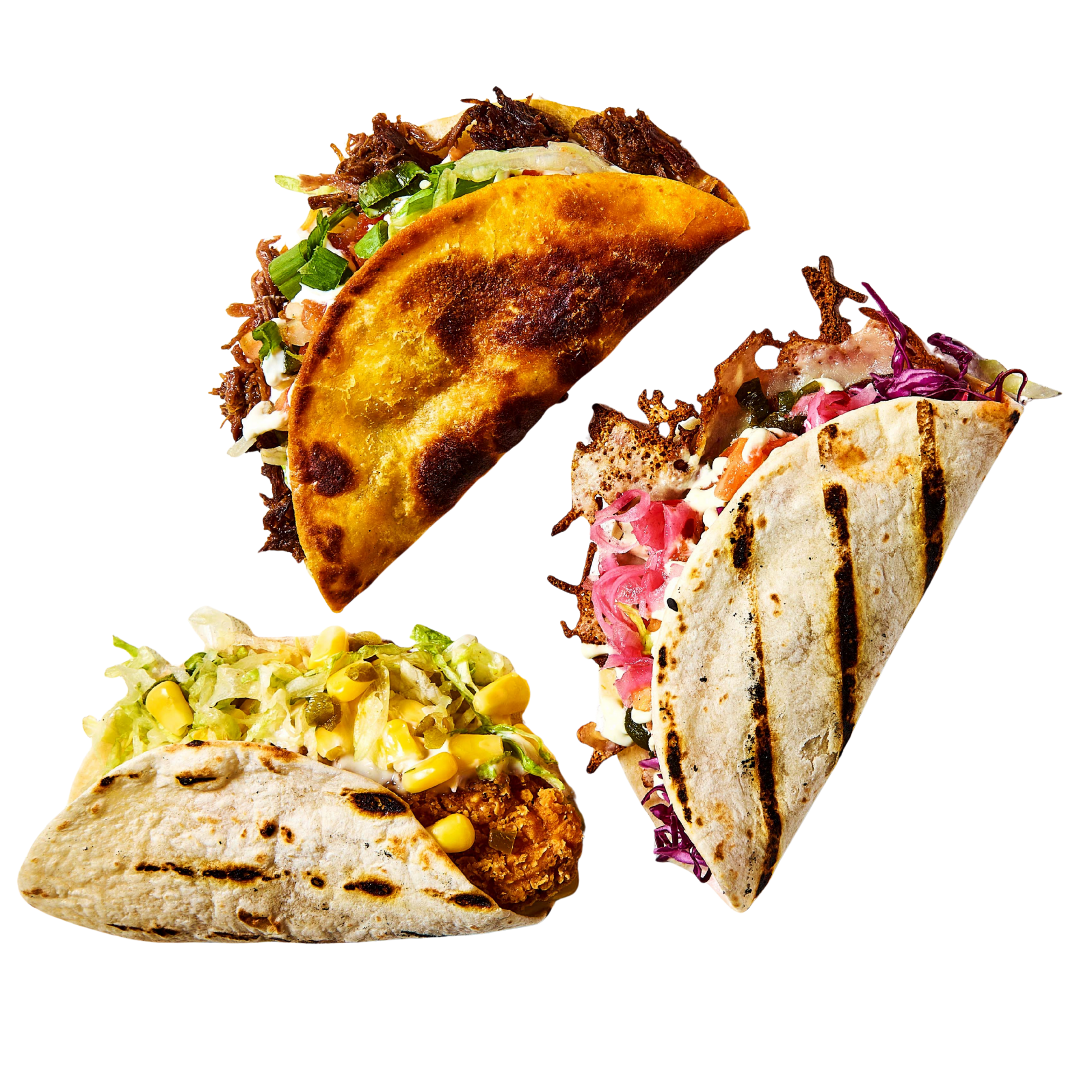 Three different tacos with various fillings and grilled tortillas.