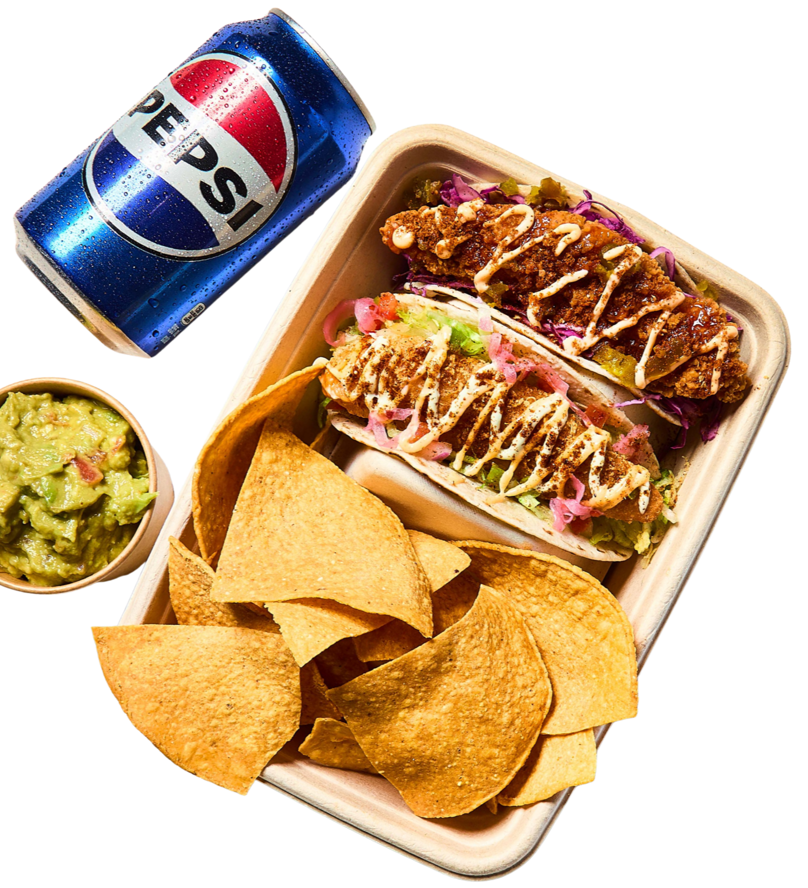 A takeout tray with two tacos topped with sauces, a side of tortilla chips, a bowl of guacamole, and a can of Pepsi soda.