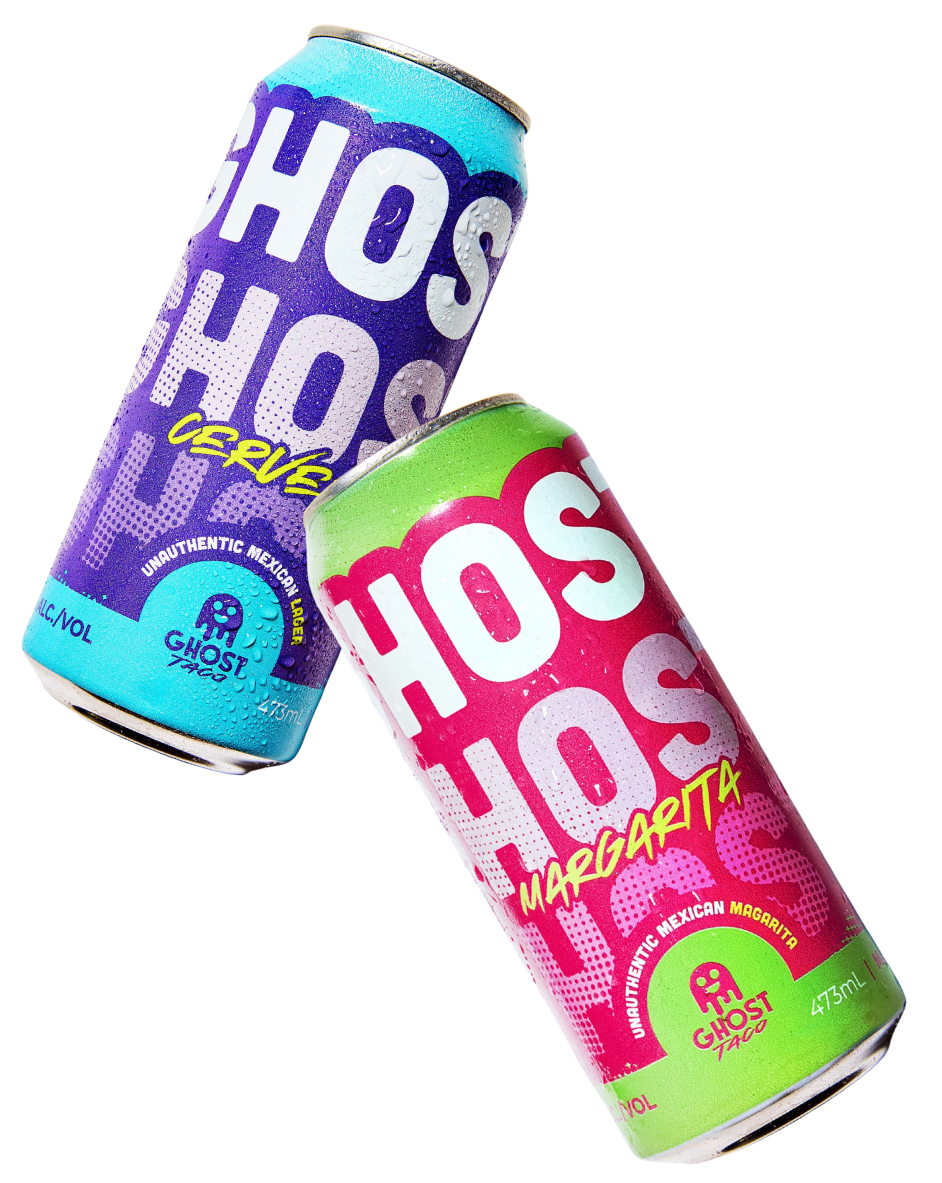 Two cans of Ghost Taco drinks with colorful designs, one blue and purple labeled 'Cerveza' and one green and pink labeled 'Margarita'.