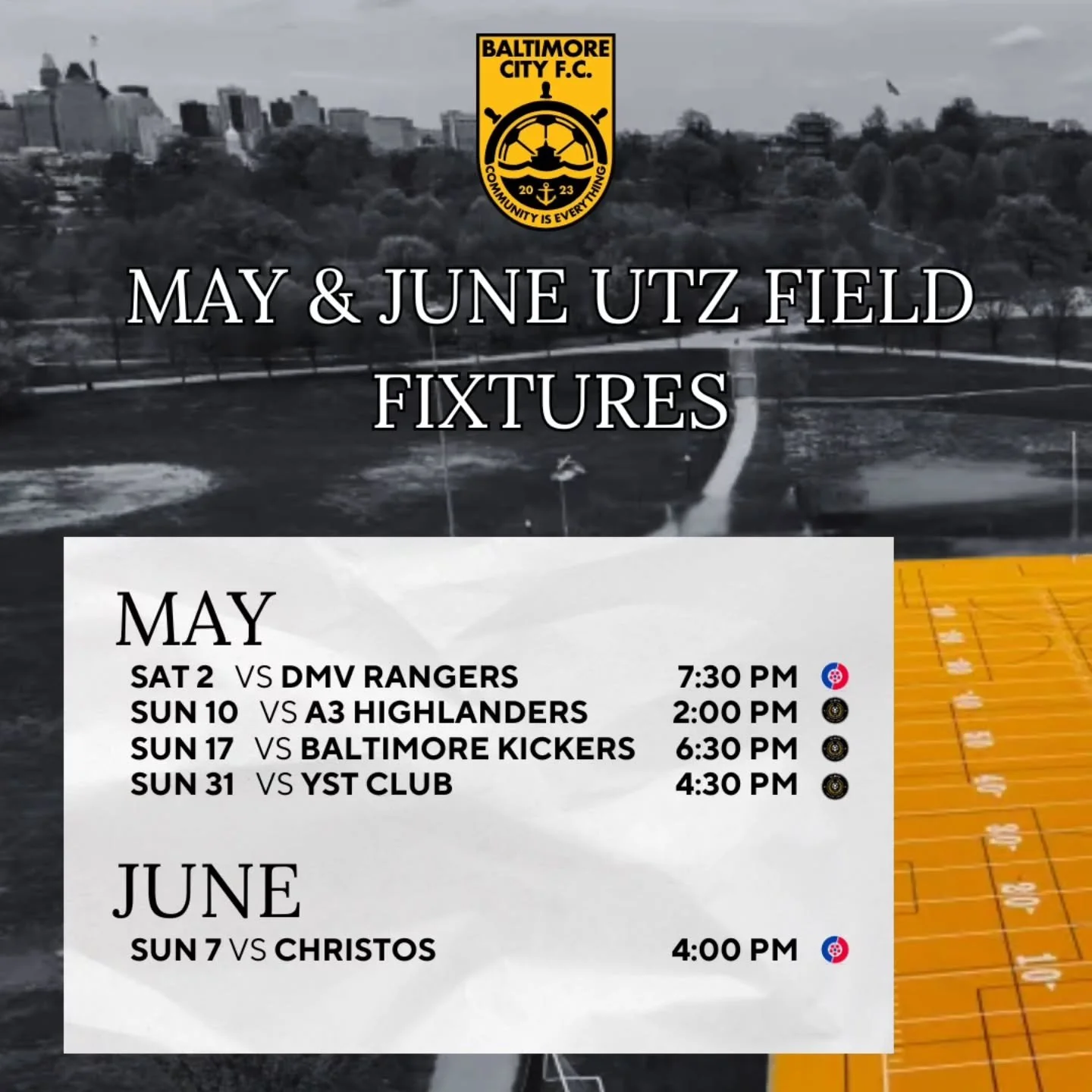 Catch us at the bold gold still this spring!

* May 17 &amp; May 31 matches are subject to change *