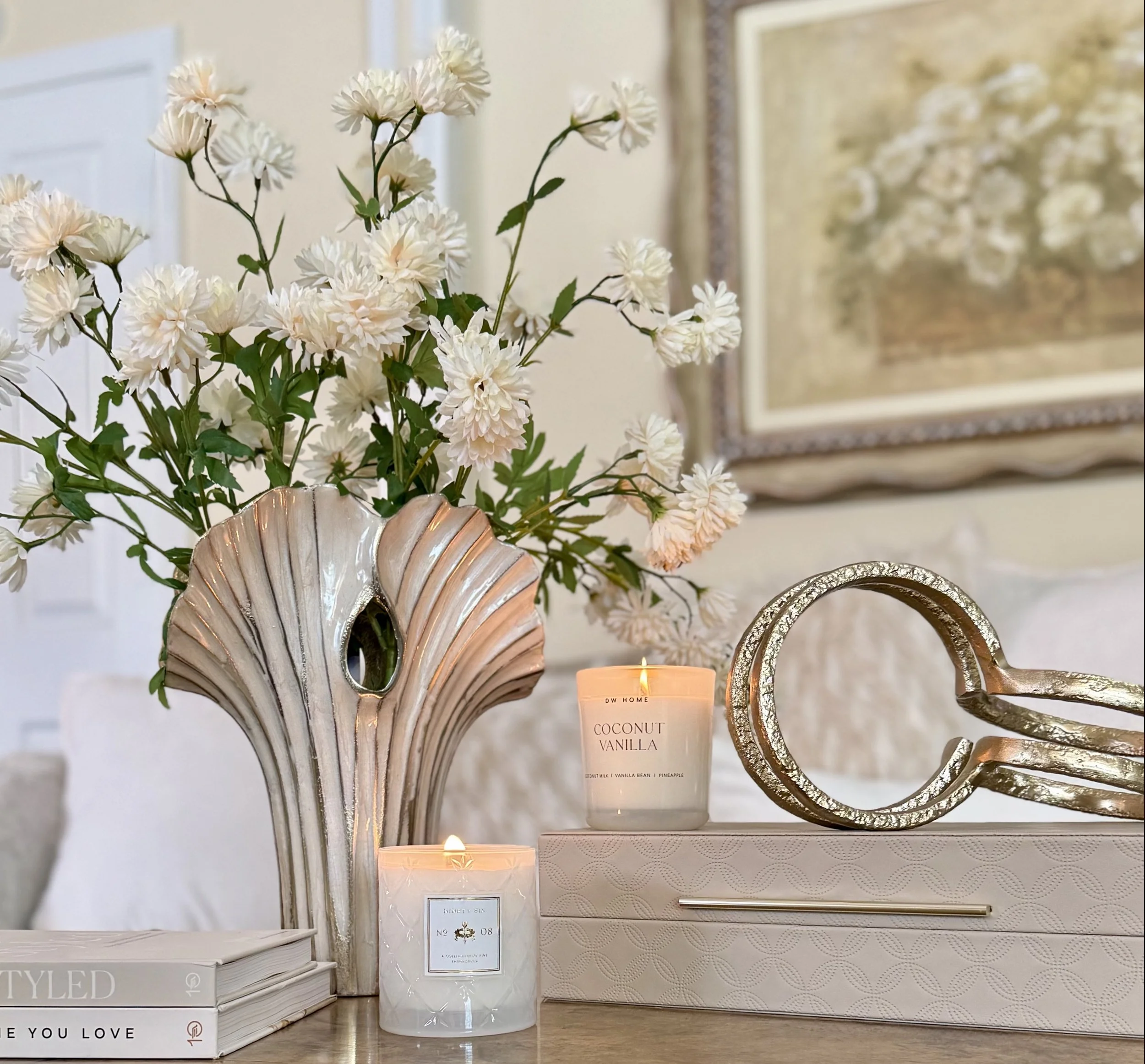gold and white coffee table decor