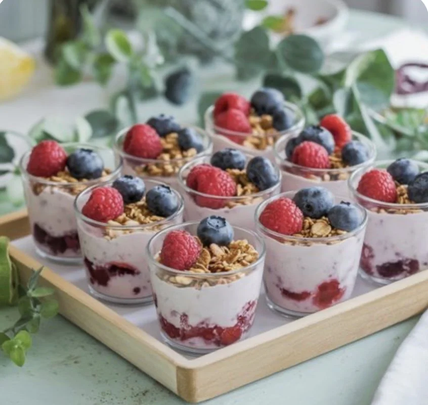 Miniature glass cups filled with layered yogurt parfaits topped with fresh raspberries and blueberries, served on a wooden tray with green foliage in the background.