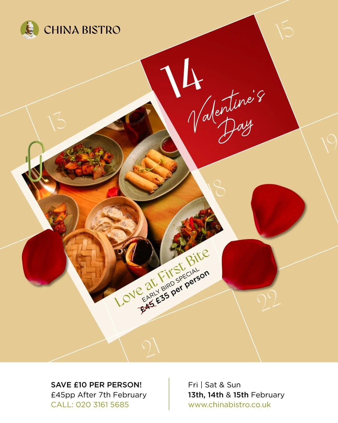 A Valentine's Weekend to Remember
Treat your loved one to an unforgettable dining experience this February.
Early Bird Offer: &pound;35 per person
Reserve before 7th Feb and save &pound;10 per person
Available throughout the Valentine's Weekend
13th 