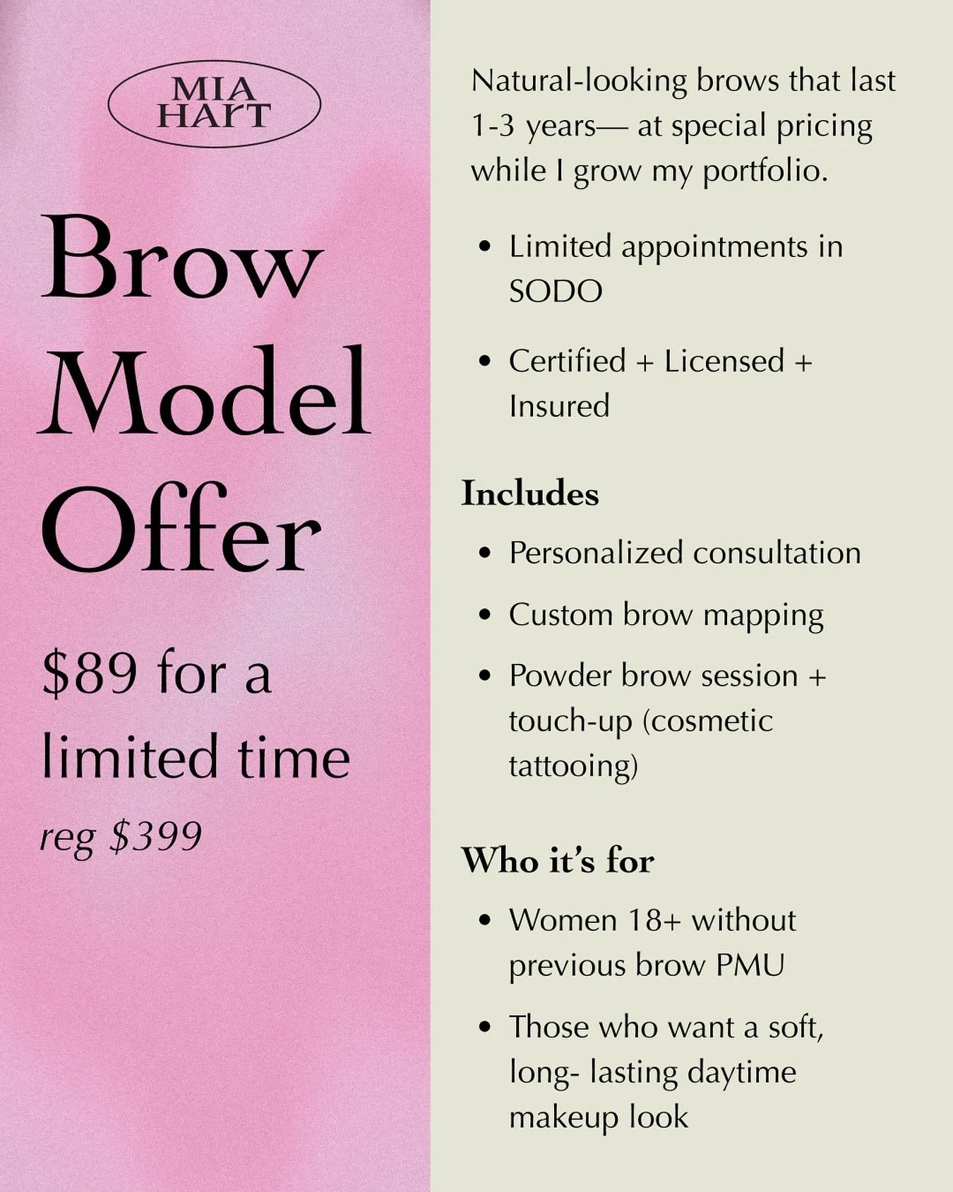 ✨ Powder Brow Model Offer - $89 ✨

I&rsquo;m offering a limited number of Powder Brows appointments at a special $89 rate (reg. $399) while I grow my portfolio. If you&rsquo;ve been wanting more defined low-maintenance brows, this is a great way to t