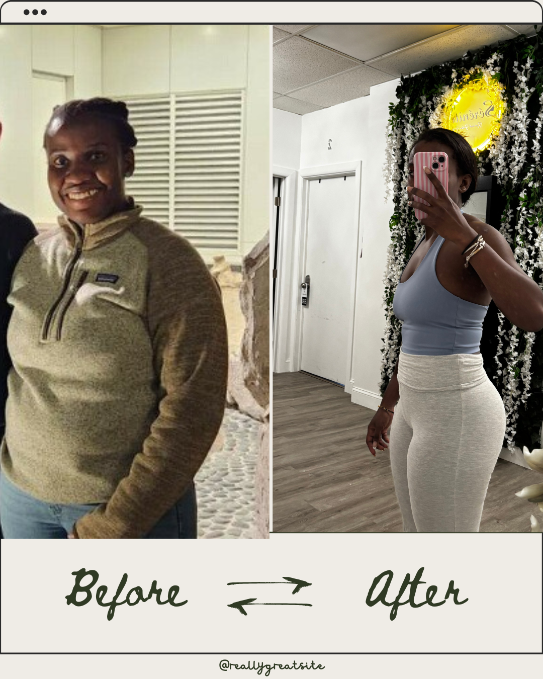 Side-by-side photo showing a woman before and after a transformation. The left image features a woman with a fuller figure wearing a beige zip-up jacket and smiling. The right image shows the same woman with a slimmer physique, wearing a light blue tank top and beige leggings, taking a mirror selfie in a decorated room with flowers and a neon sign.