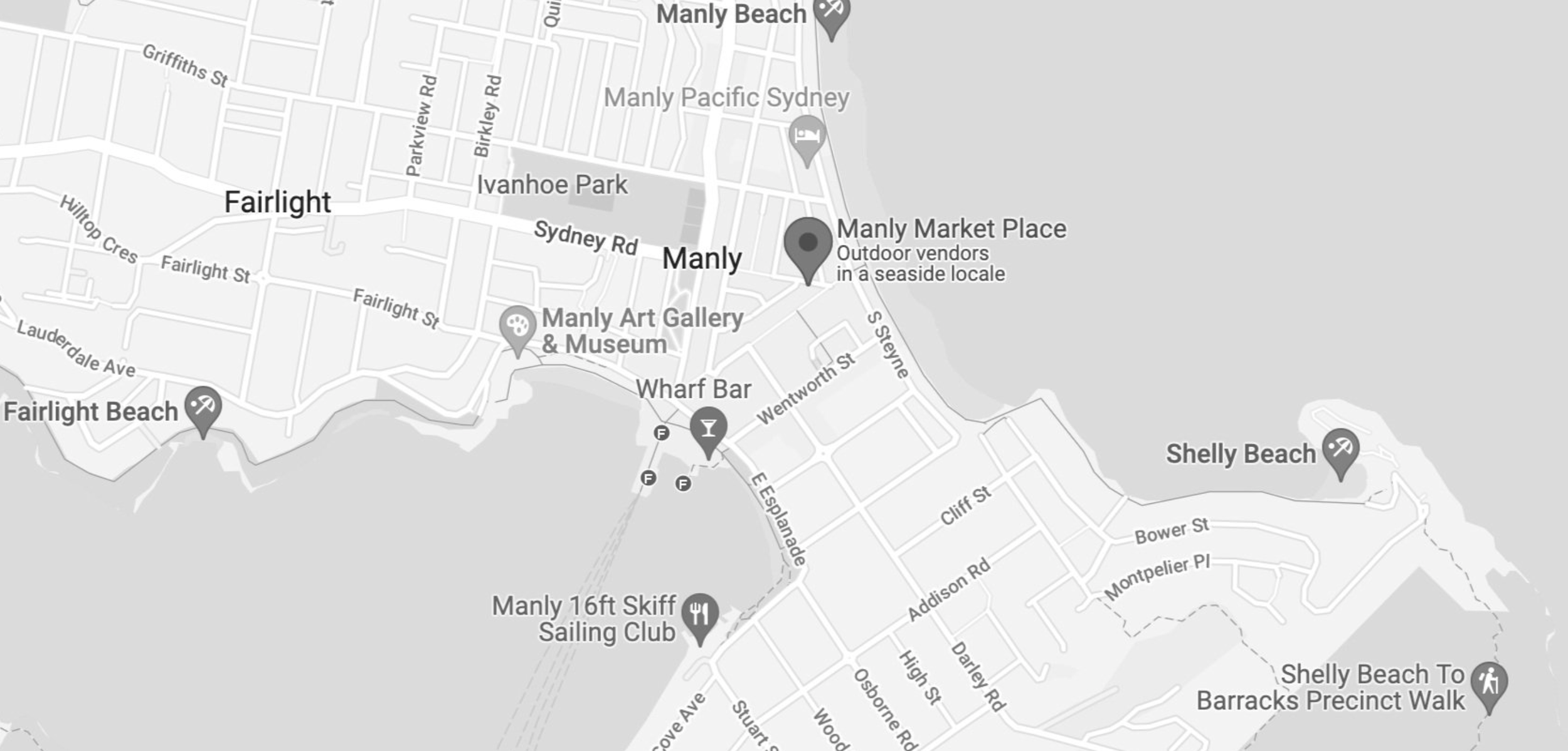 Map of Manly, New South Wales, showing location of Manly Markets 2095 where Cool City Apparel can be found every weekend from 9-4:30pm.