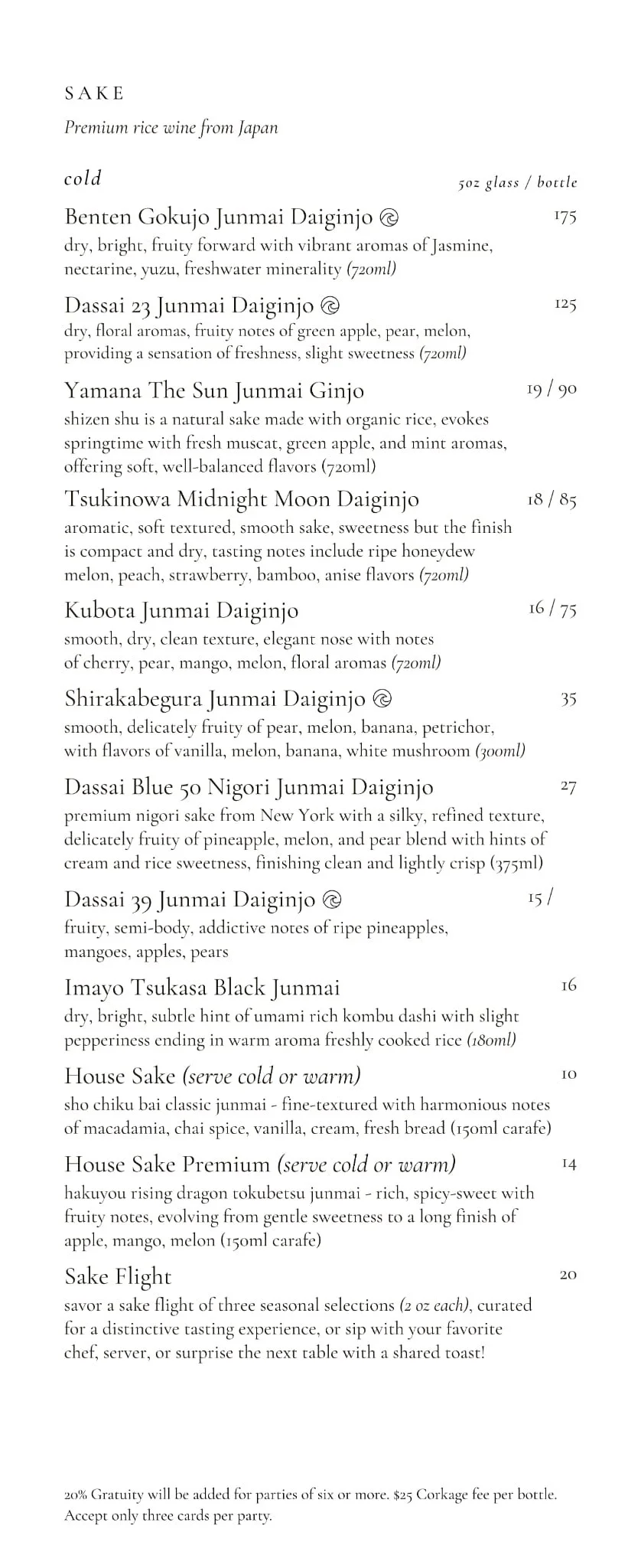 Menu listing a variety of sake options including descriptions and prices, from Japan, with options for cold or warm serving.