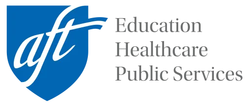 A logo with the letters 'aft' in white on a blue background, accompanied by the text 'American Federation of Teachers' in blue.