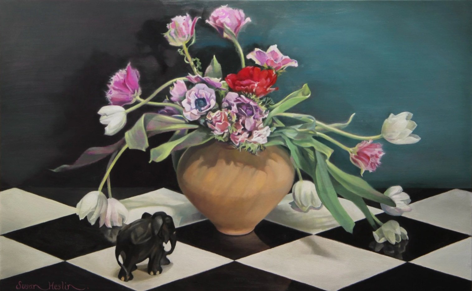 Susan Heslin - "Tulips and The Elephant" - Oil on wood panel - 111 x 74cm