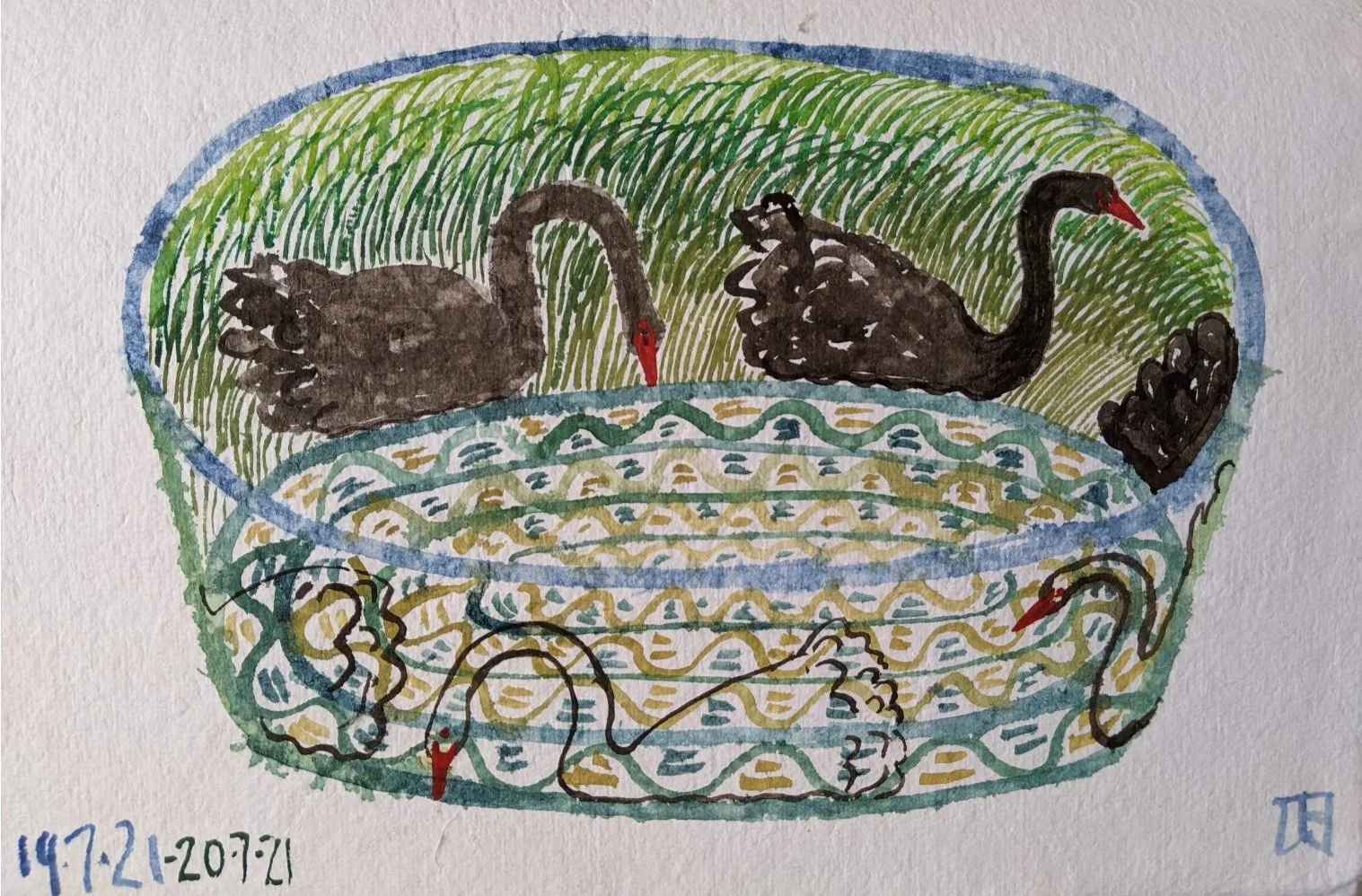 Toni Warburton - "Black swans on field pond"