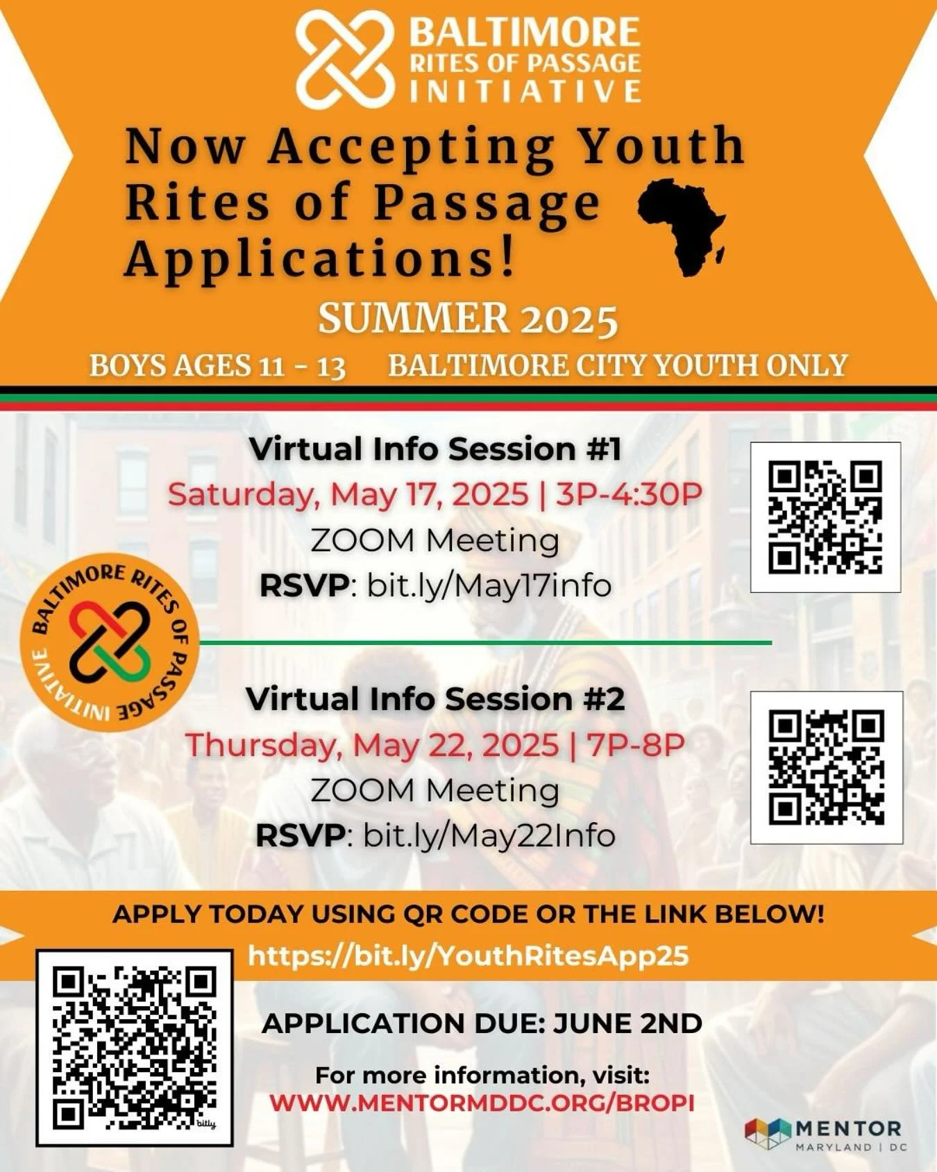 Join us for open enrollment. The Baltimore Rites of Passage Intiative is recruiting boys 11-13 and their families for our summer Rites of Passage Experience.

Our season begins on Sunday, June 28, 2025 - August 24, 2025.

Please spread the word. Than