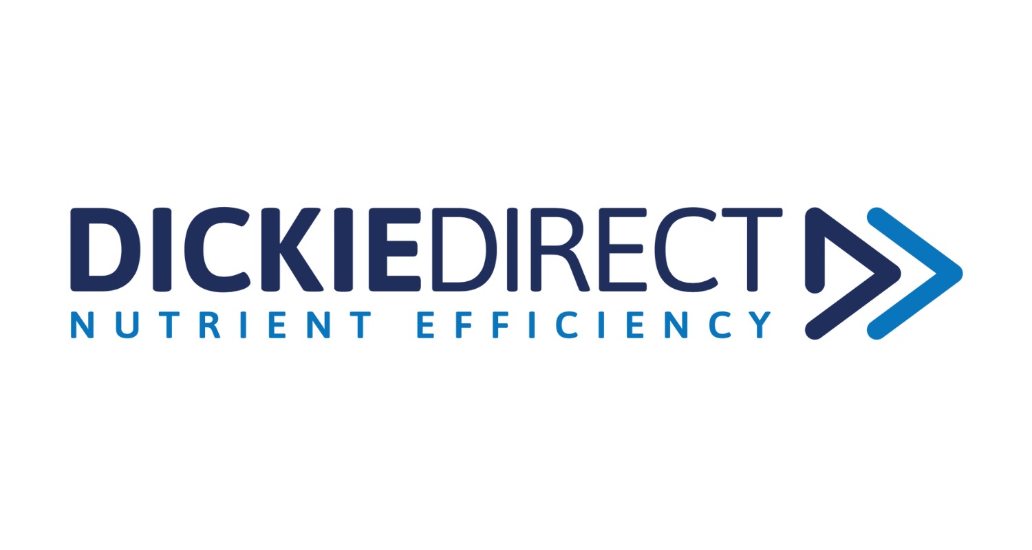 Logo for DickieDrect with the tagline Nutrient Efficiency, featuring a stylized arrow in dark blue and light blue.