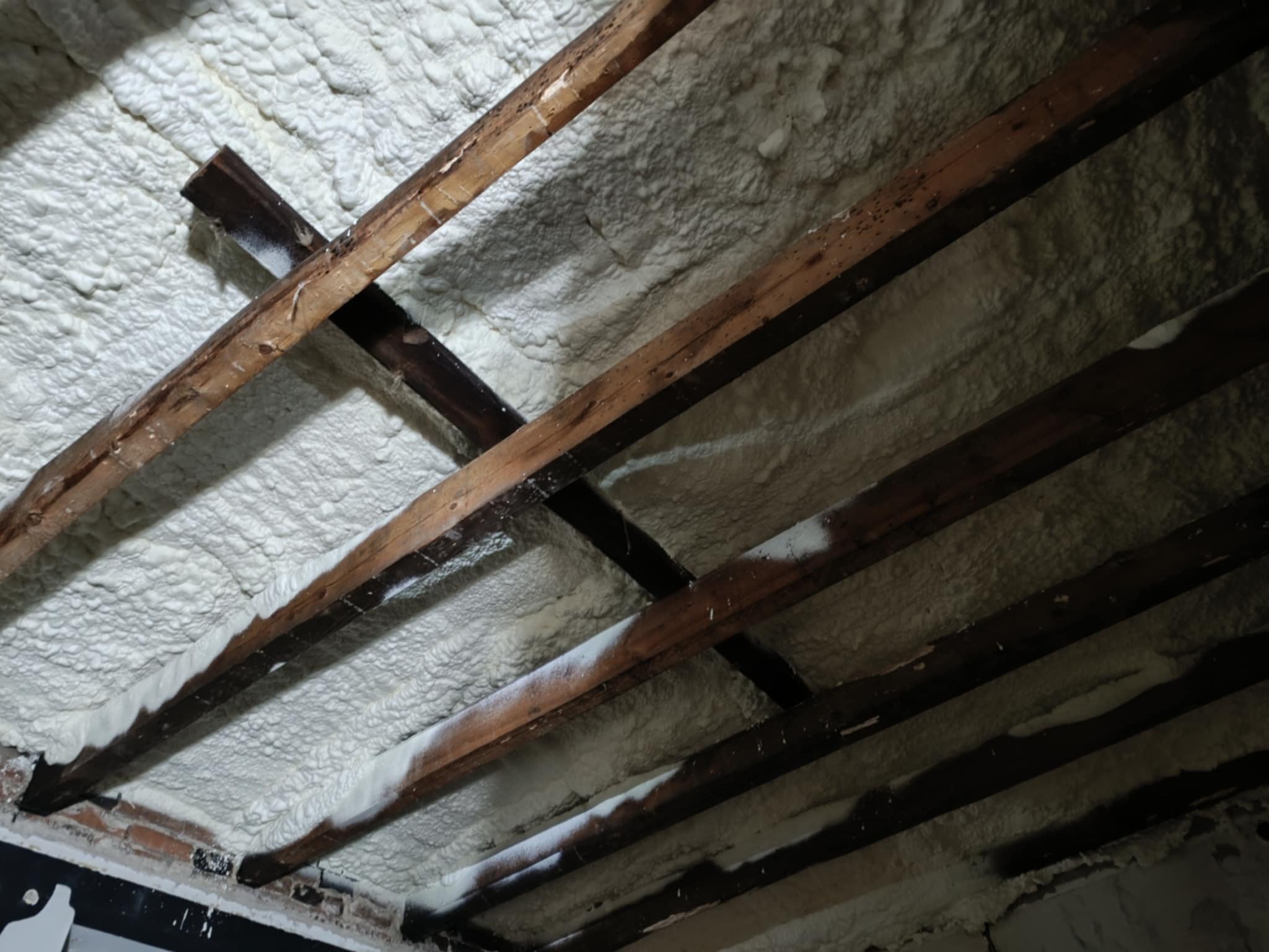 Insulation foam applied between ceiling joists in an attic or crawl space, with wooden beams visible.
