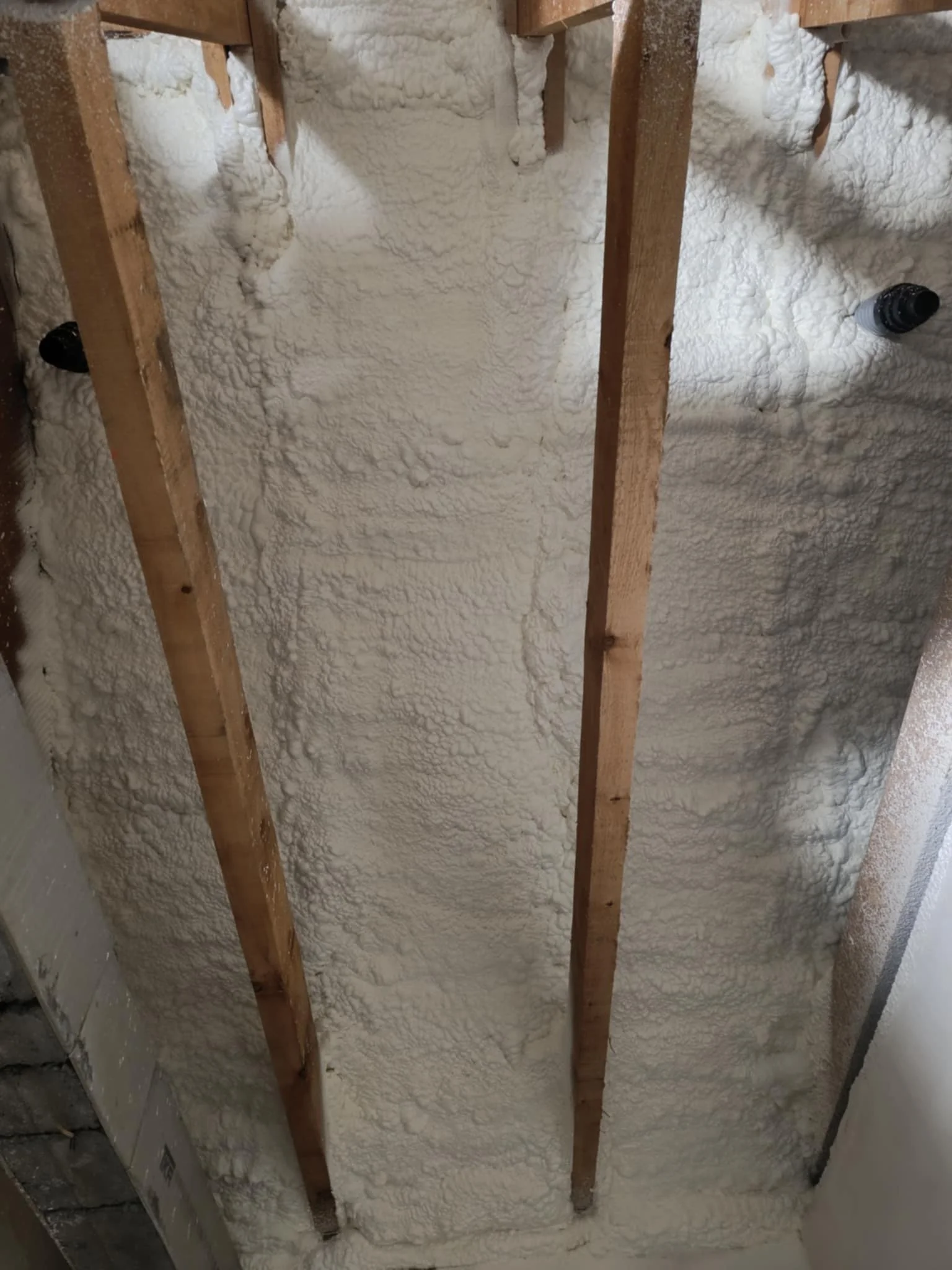 Ceiling with spray foam insulation, showing wooden beams and plumbing pipes.
