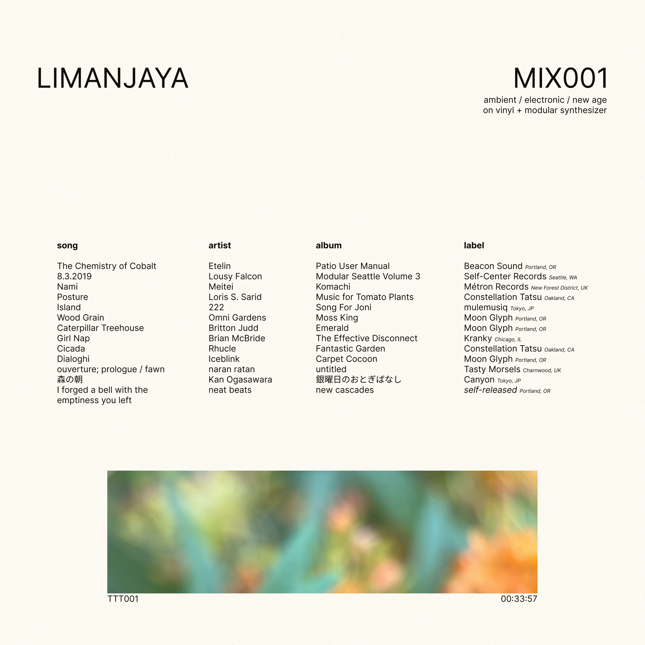 Limanjaya MIX001. Ambient, electronic, new-age music on vinyl + modular synthesizer.