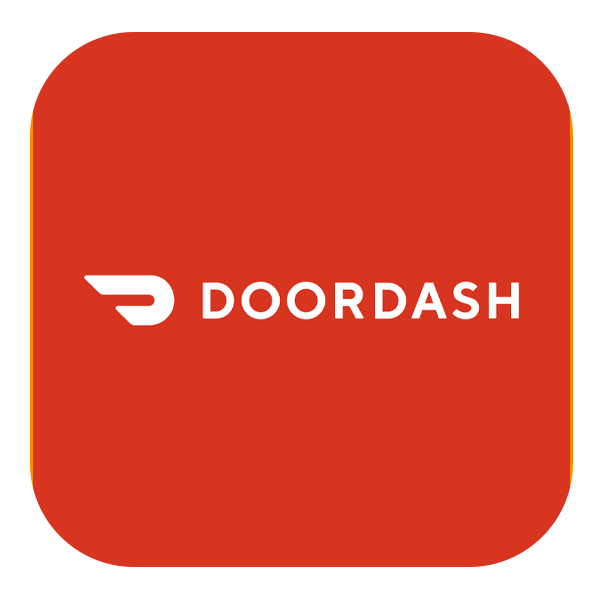 Doordash logo with white stylized D and the word 'DOORDASH' on a red background with rounded corners.