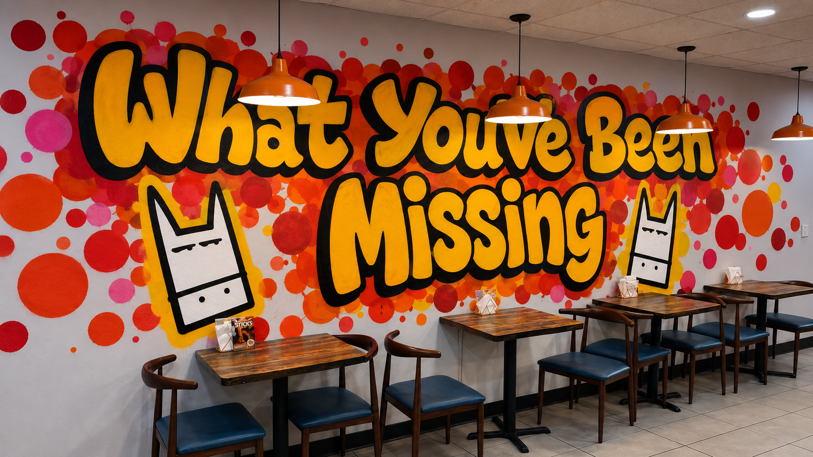 Interior of a restaurant with wooden tables and chairs, graffiti-style mural on the wall with the text 'Rock' in large orange and yellow letters, decorated with colorful accents and hanging pendant lights.