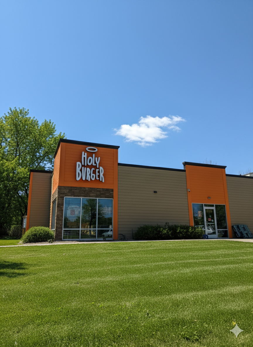 The exterior of a Holy Burger restaurant with a large sign on the building, surrounded by a green lawn, trees, and a clear blue sky with a small cloud.