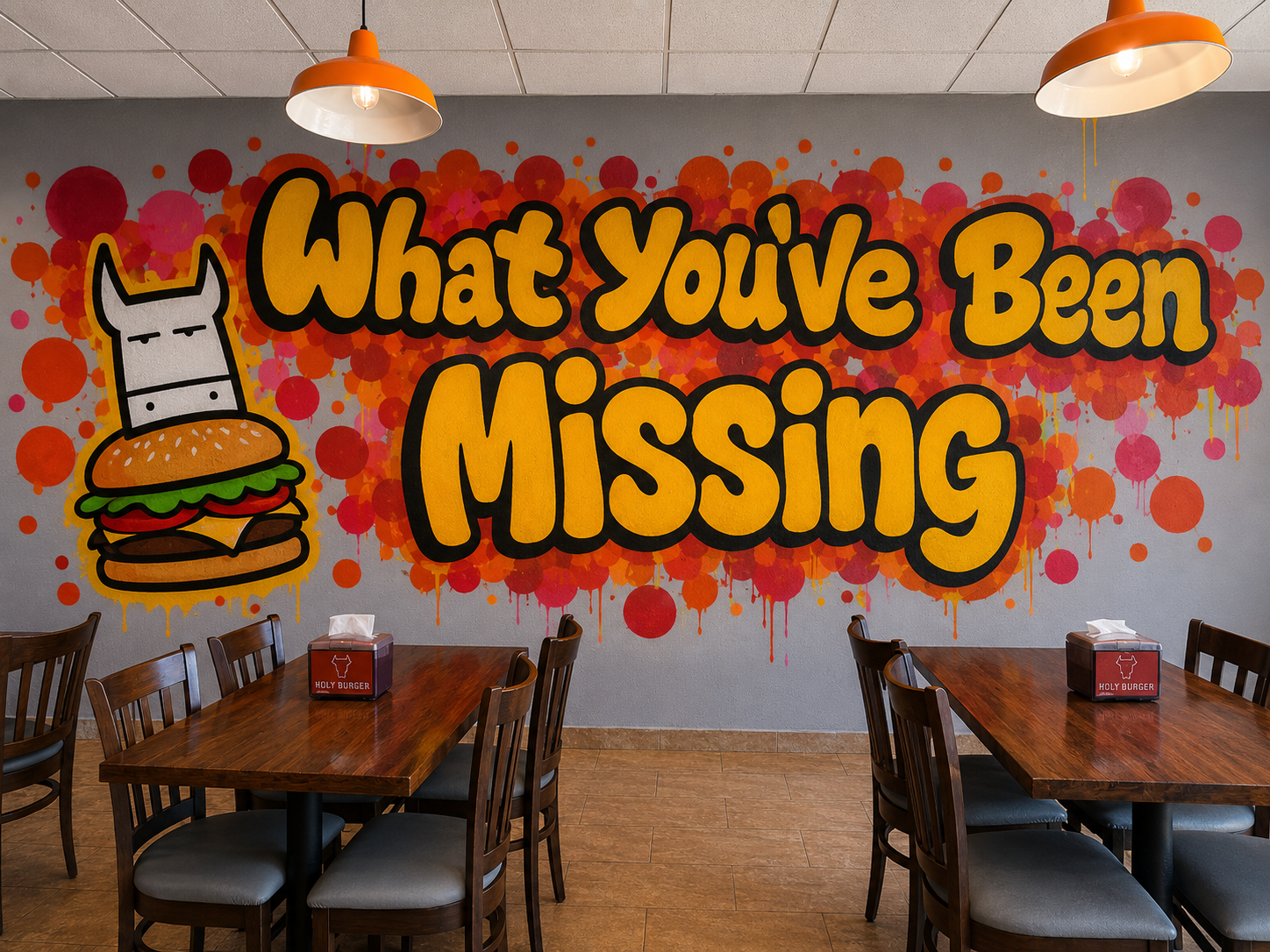 A dining area with wooden tables and chairs, a graffiti-covered wall featuring various tags and artwork, orange pendant lights hanging from the ceiling, and a mural with large stylized letters reading 'Impossible' and other graffiti writings.