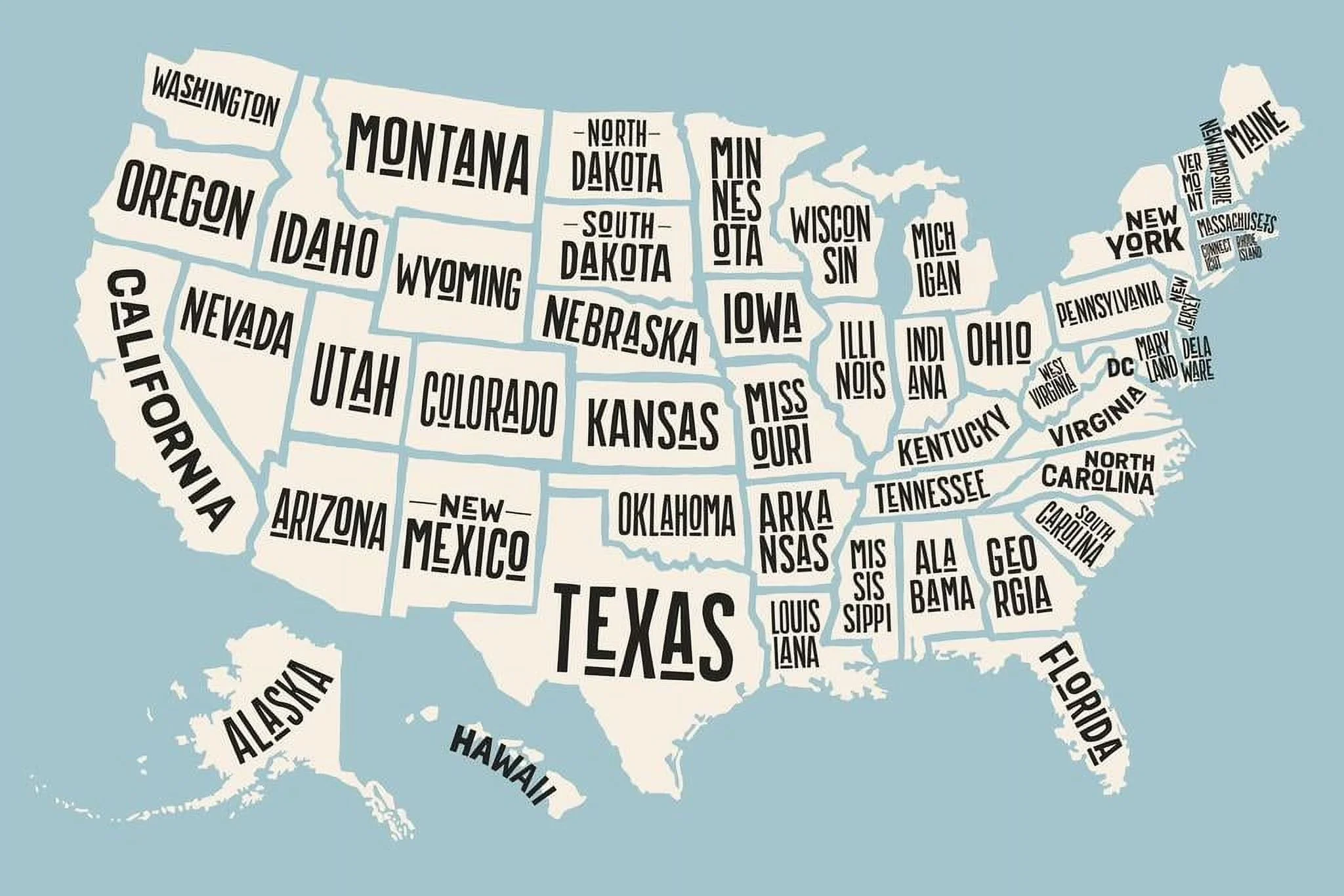 A map of the United States with each state labeled with its name in bold black letters, displayed against a light blue background.