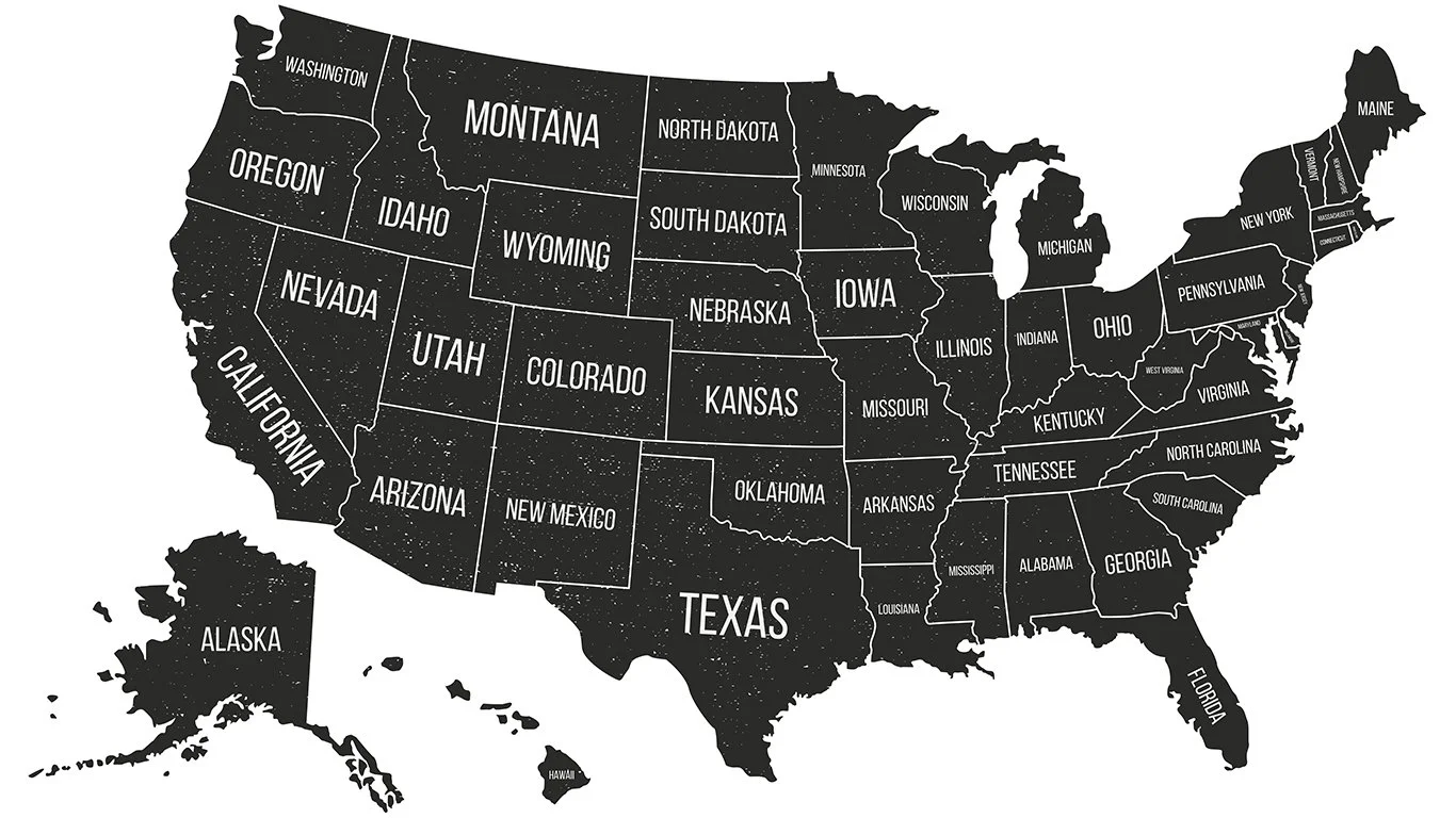 Black and white map of the United States with each state labeled by name.