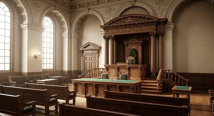 Inside a historic courtroom with wooden benches, a judge's bench, and large arched windows