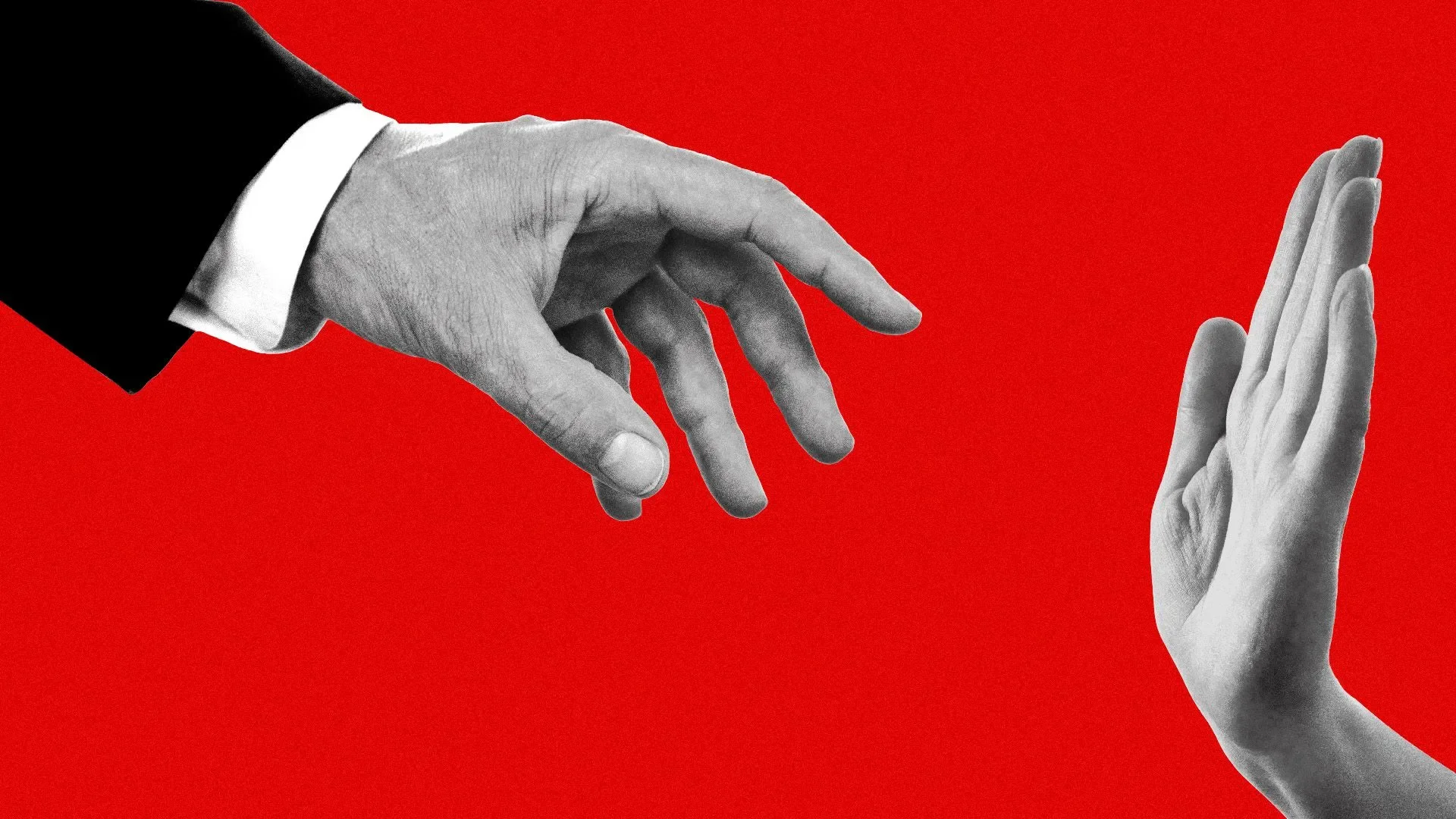 A black and white illustration of two hands reaching towards each other against a red background. The hand on the left is larger, with a suit sleeve visible, while the hand on the right is smaller and open, as if about to catch or hold something.