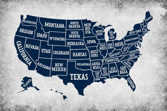 A map of the United States showing all 50 states with their names inside each state.