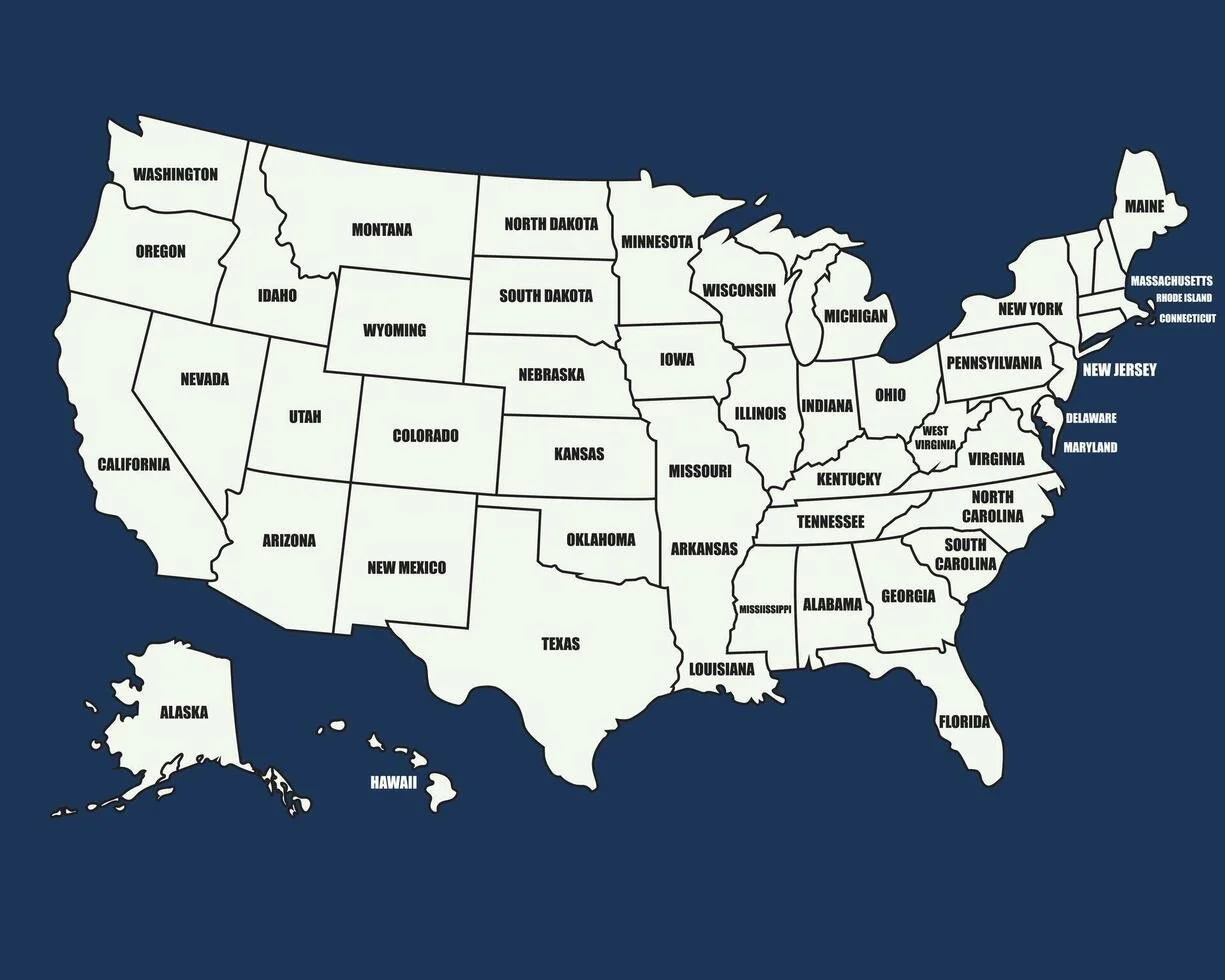 Map of the United States with each state labeled.