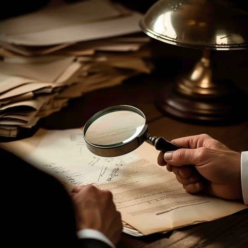 A person's hands holding a magnifying glass over documents and papers on a desk, with a metallic lamp nearby.