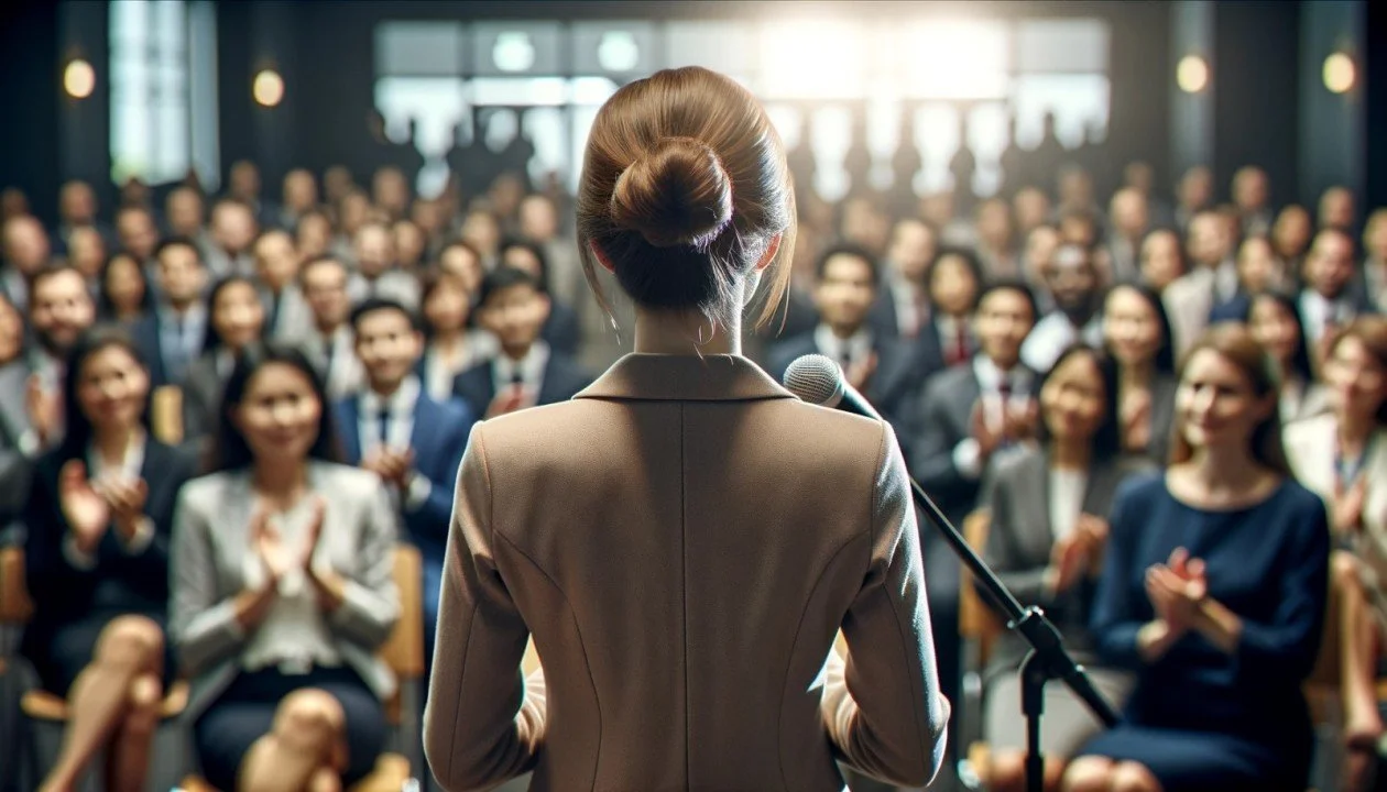 Back of a woman with a bun hairstyle speaking at a podium with a microphone to a large, seated audience clapping in a conference room.