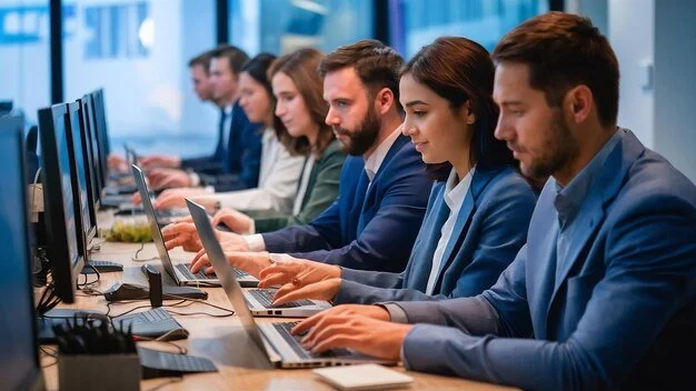 Group of diverse business professionals working on laptops in a modern office.
