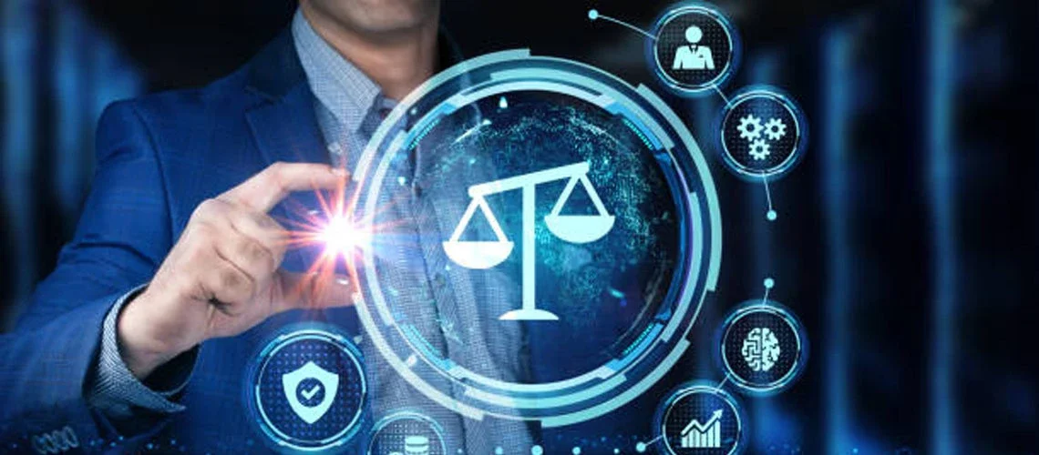 Digital illustration of a person in a blue suit pressing a glowing button, with a holographic scale symbol and various icons related to law and justice, including a shield, gear, brain, and charts.