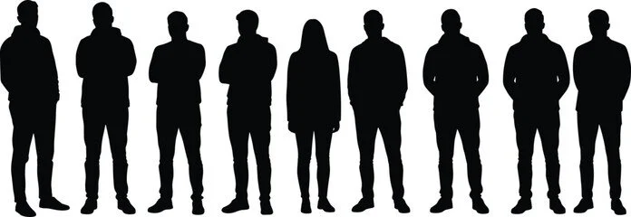 Silhouettes of nine people standing in a row against a white background.