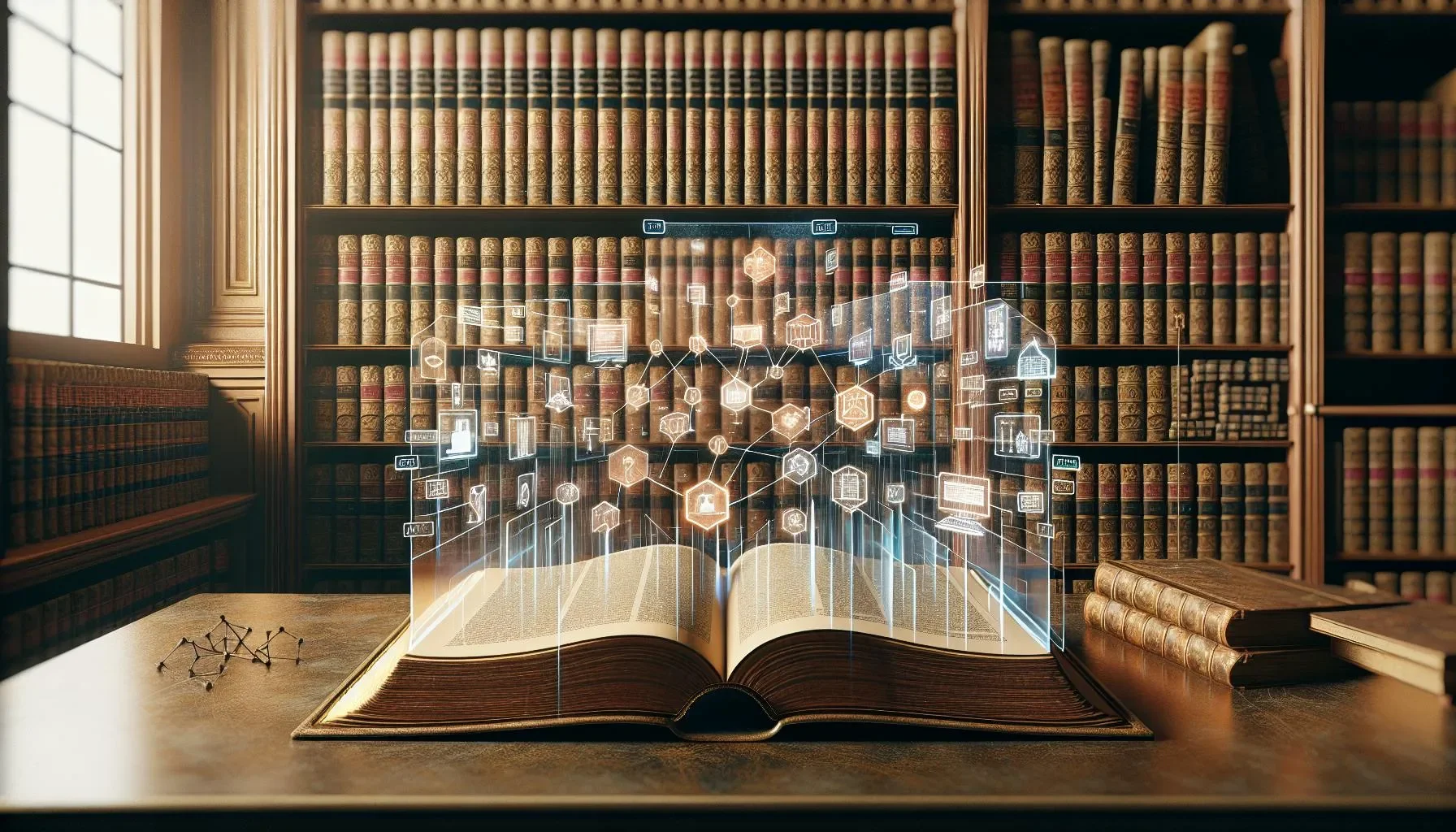 A virtual hologram of digital icons and data around an open book placed on a wooden table in a classic library setting with tall bookshelves filled with old leather-bound books.