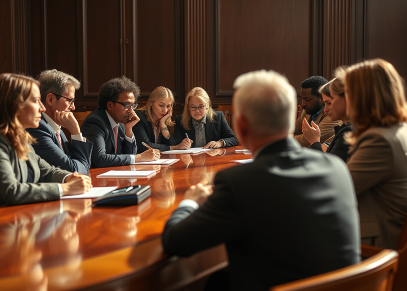 Business meeting with ten diverse professionals seated around a polished wooden conference table, engaged in discussion and note-taking in a formal room with wood-paneled walls.