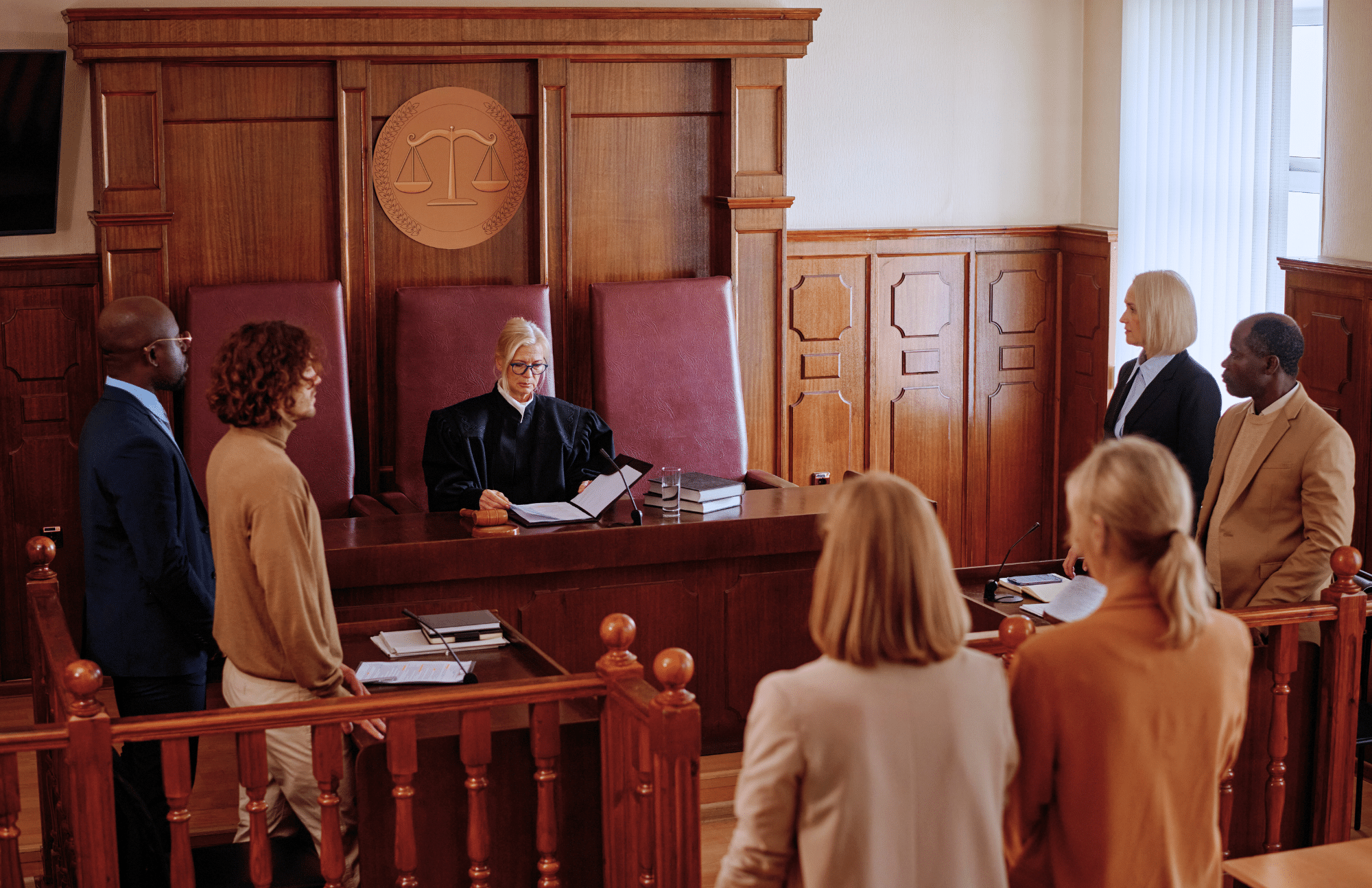 A courtroom scene with a judge at the bench, five people standing before her, and others seated in the audience. The judge is reading a document; the courtroom has wood-paneled walls and a scale emblem behind her.