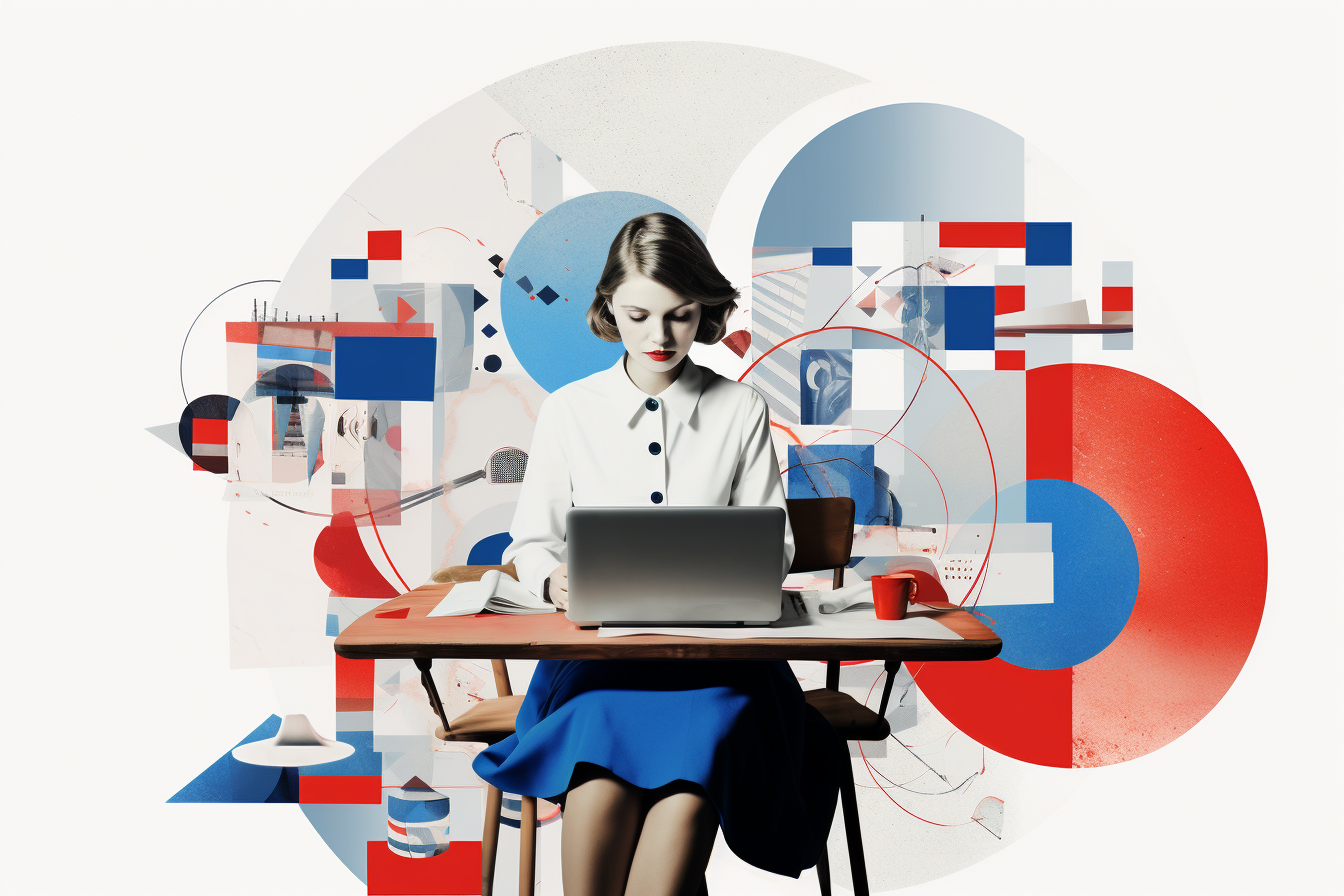 A woman sitting at a desk, working on a laptop with a modern, abstract background of geometric shapes and colors.