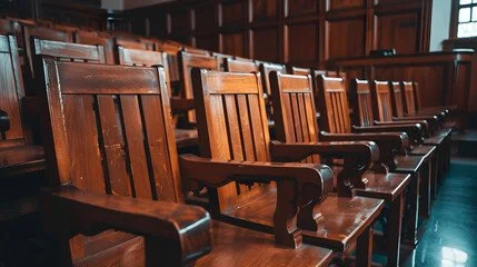 Empty wooden benches in a courtroom or lecture hall.