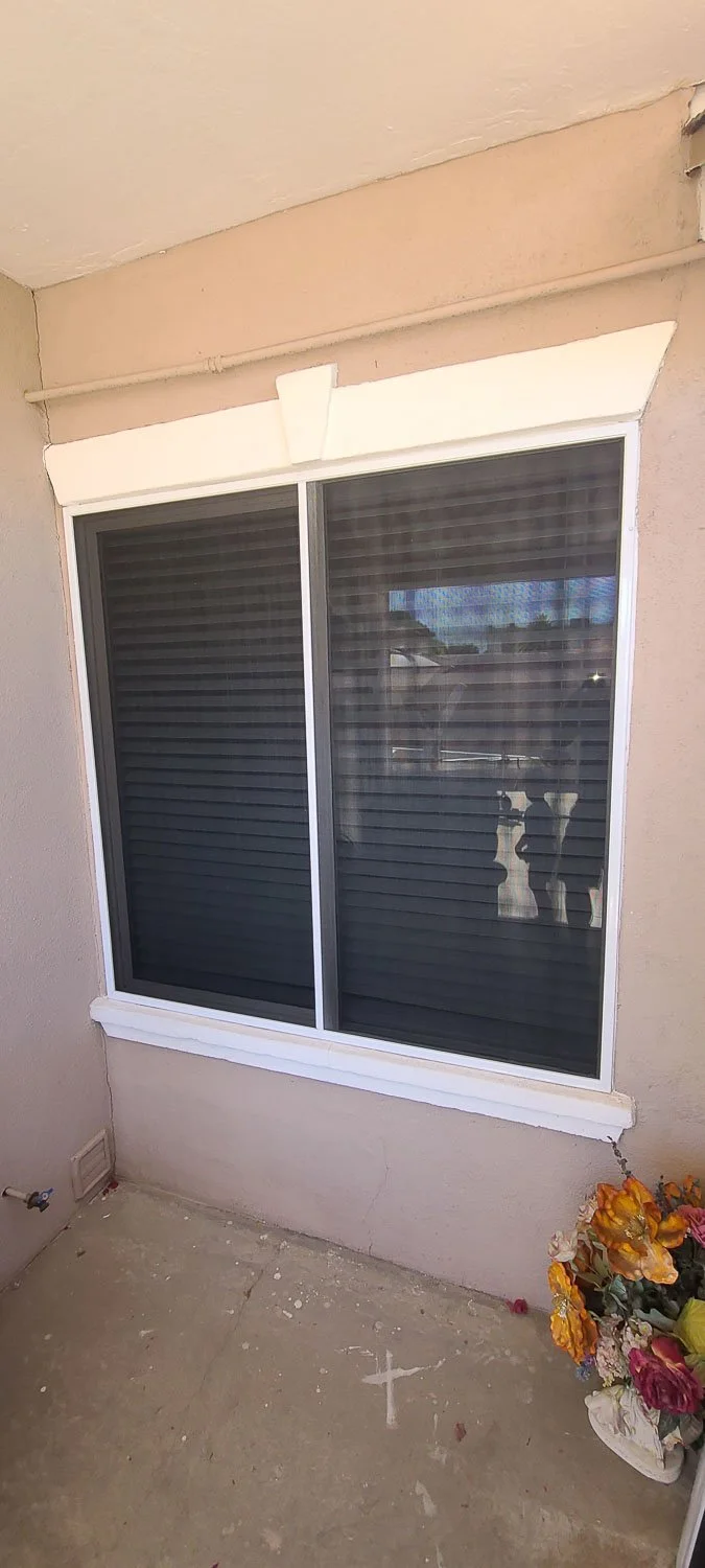 Exterior view of a building with a large window covered by closed black blinds, white window frame, and a small plant with orange and pink flowers in a white pot on the right.