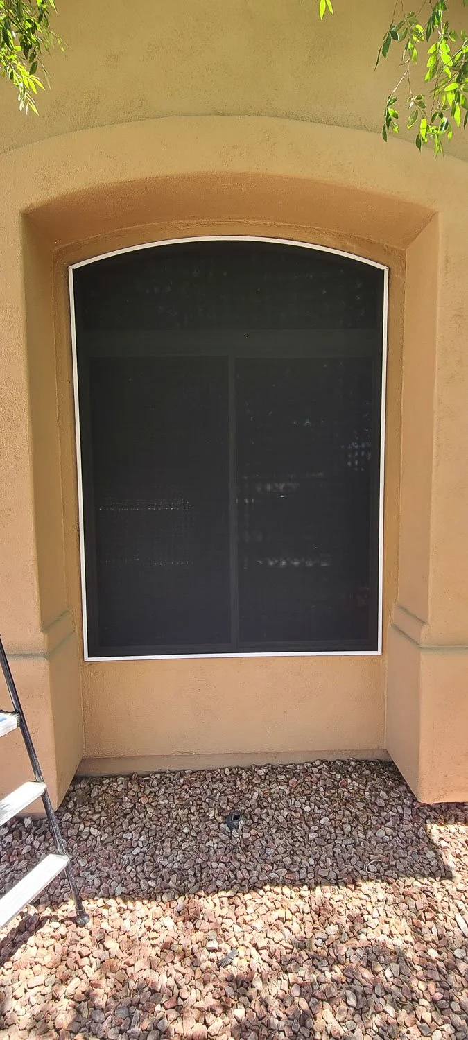 A large with a custom window screen with a white frame on a beige stucco wall, with stones on the ground and some green leaves hanging at the top.